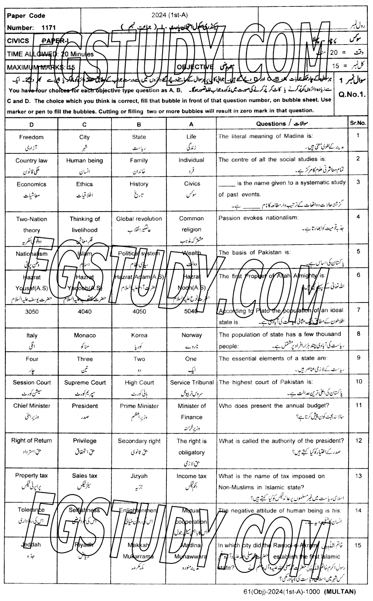 9th Class Civics Past Paper 2024 Multan Board Objective