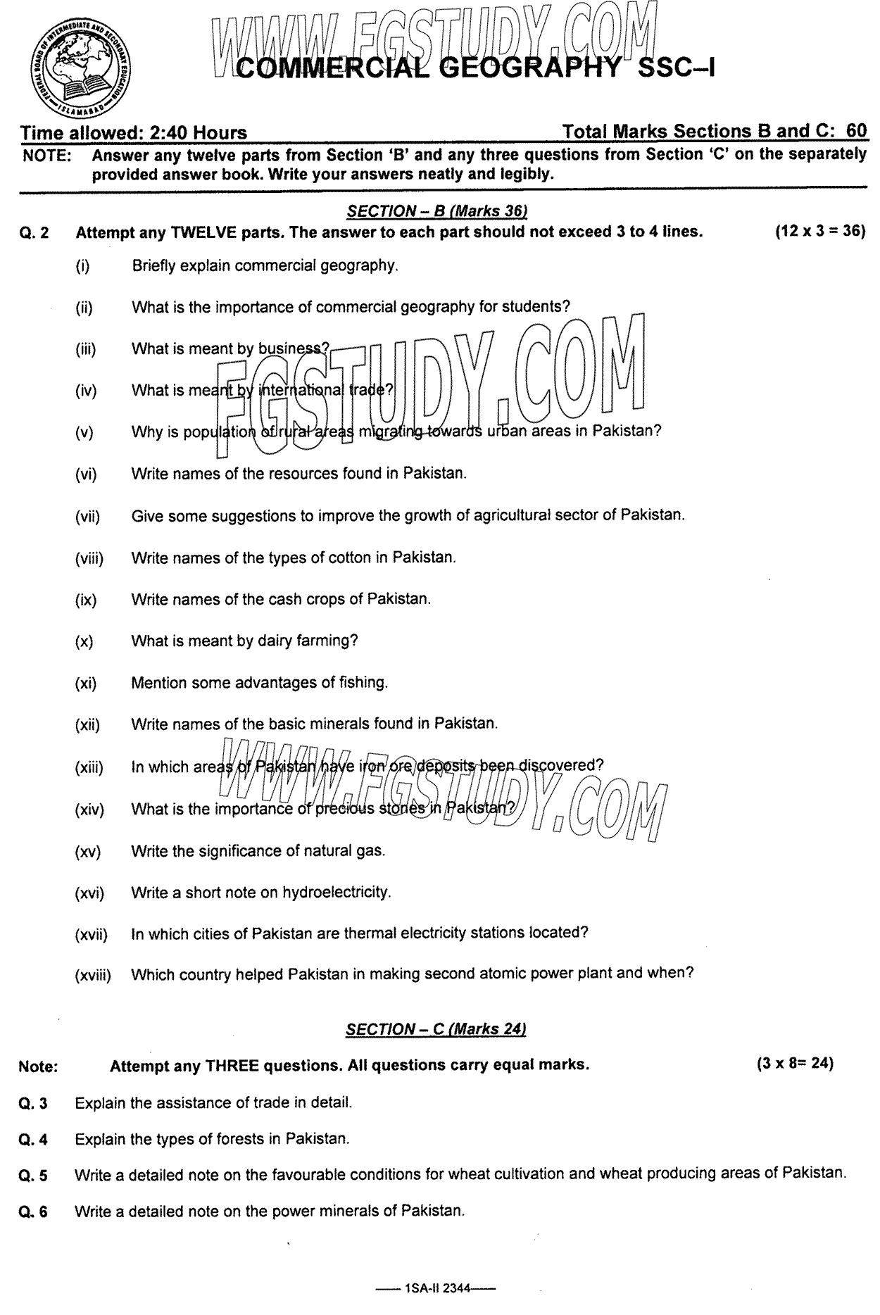 9th Class Commercial Geography Past Paper 2023 Federal Board Islamabad Subjective