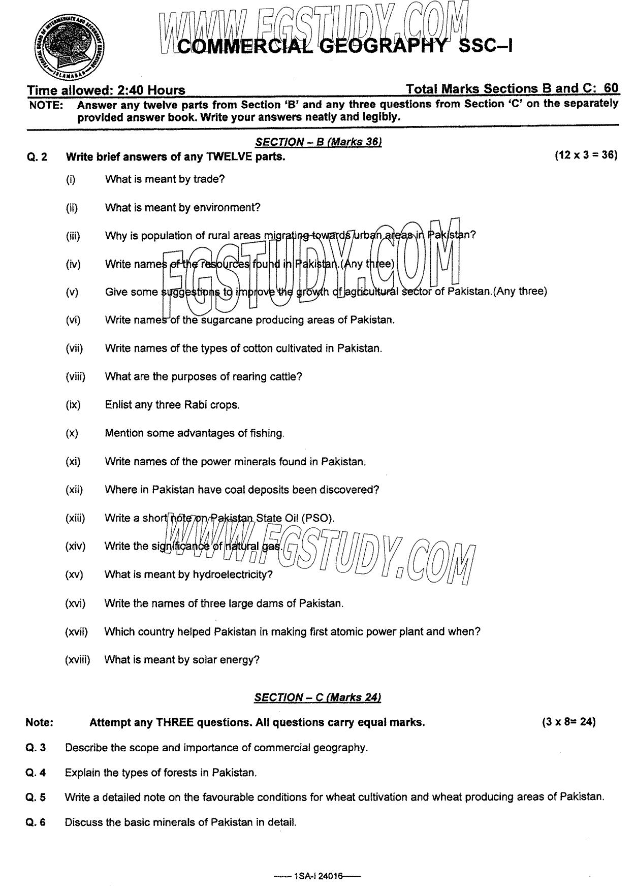 9th Class Commercial Geography Past Paper 2024 Federal Board Islamabad Subjective