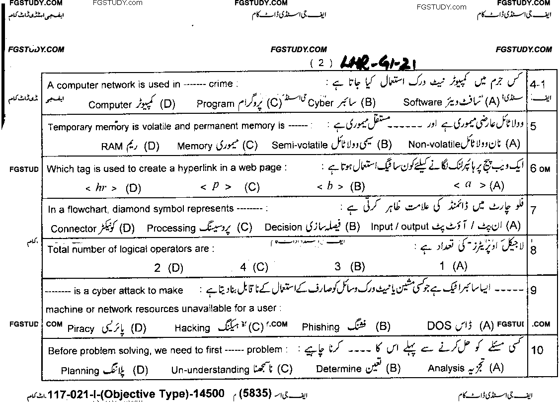 9th Class Computer Science Past Paper 2021 Lahore Board Group 1 Objective