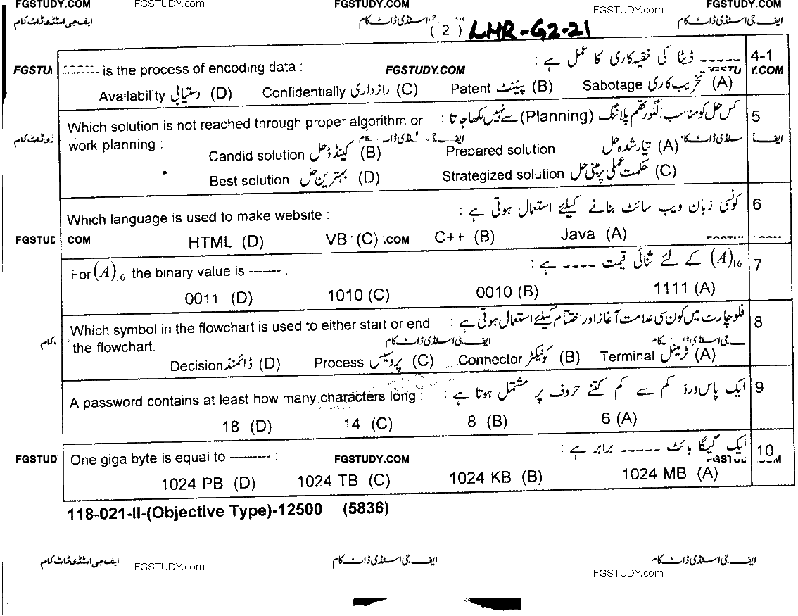 9th Class Computer Science Past Paper 2021 Lahore Board Group 2 Objective