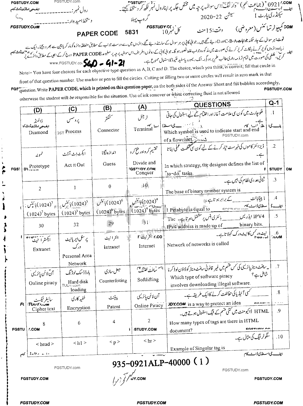 9th Class Computer Science Past Paper 2021 Sargodha Board Group 1 Objective