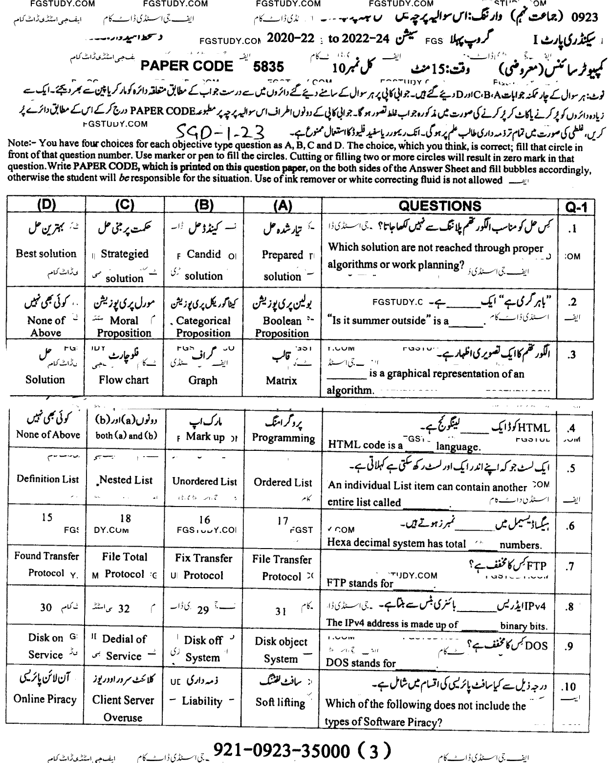 9th Class Computer Science Past Paper 2023 Sargodha Board Group 1 Objective