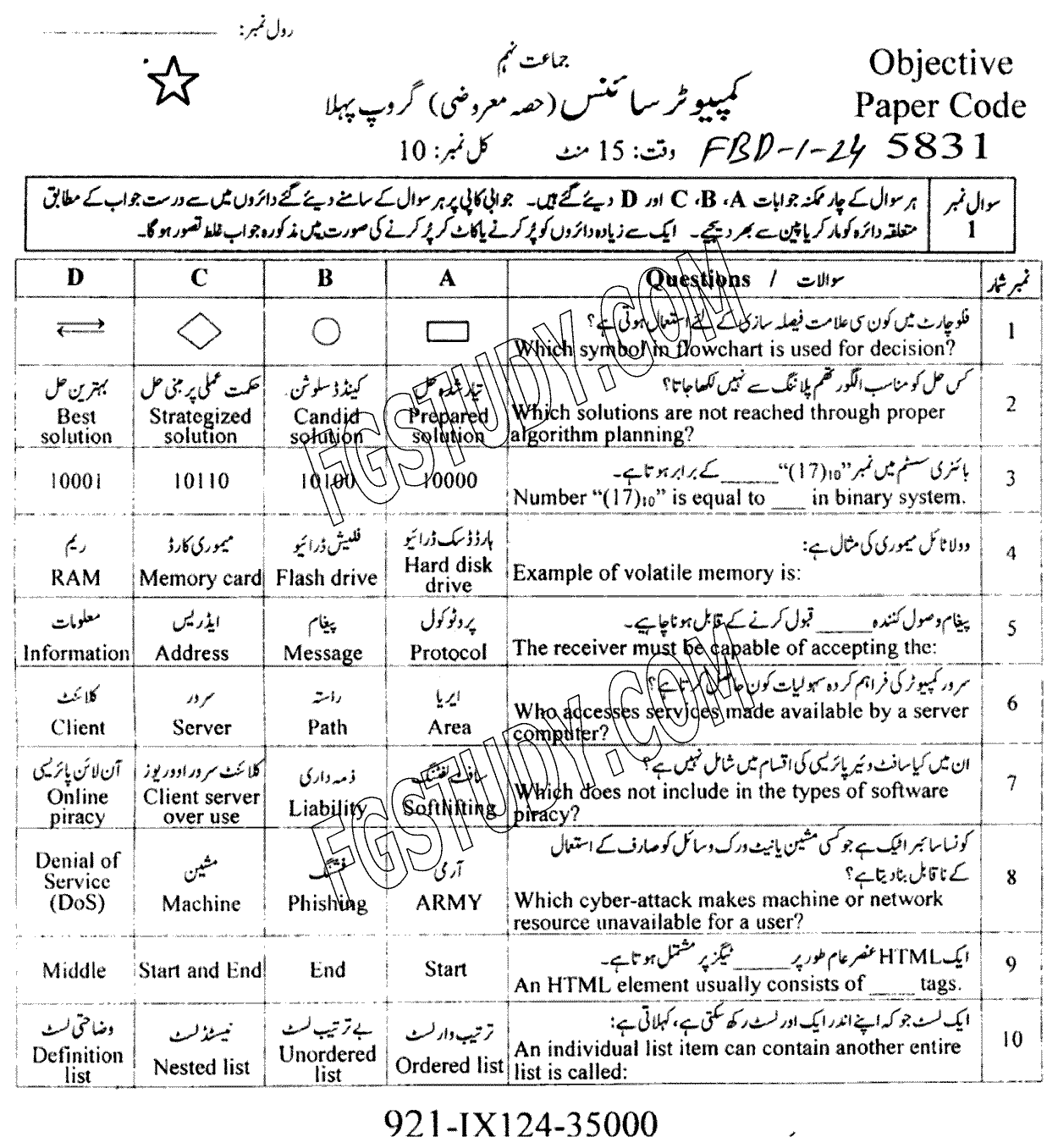 9th Class Computer Science Past Paper 2024 Faisalabad Board Group 1 Objective