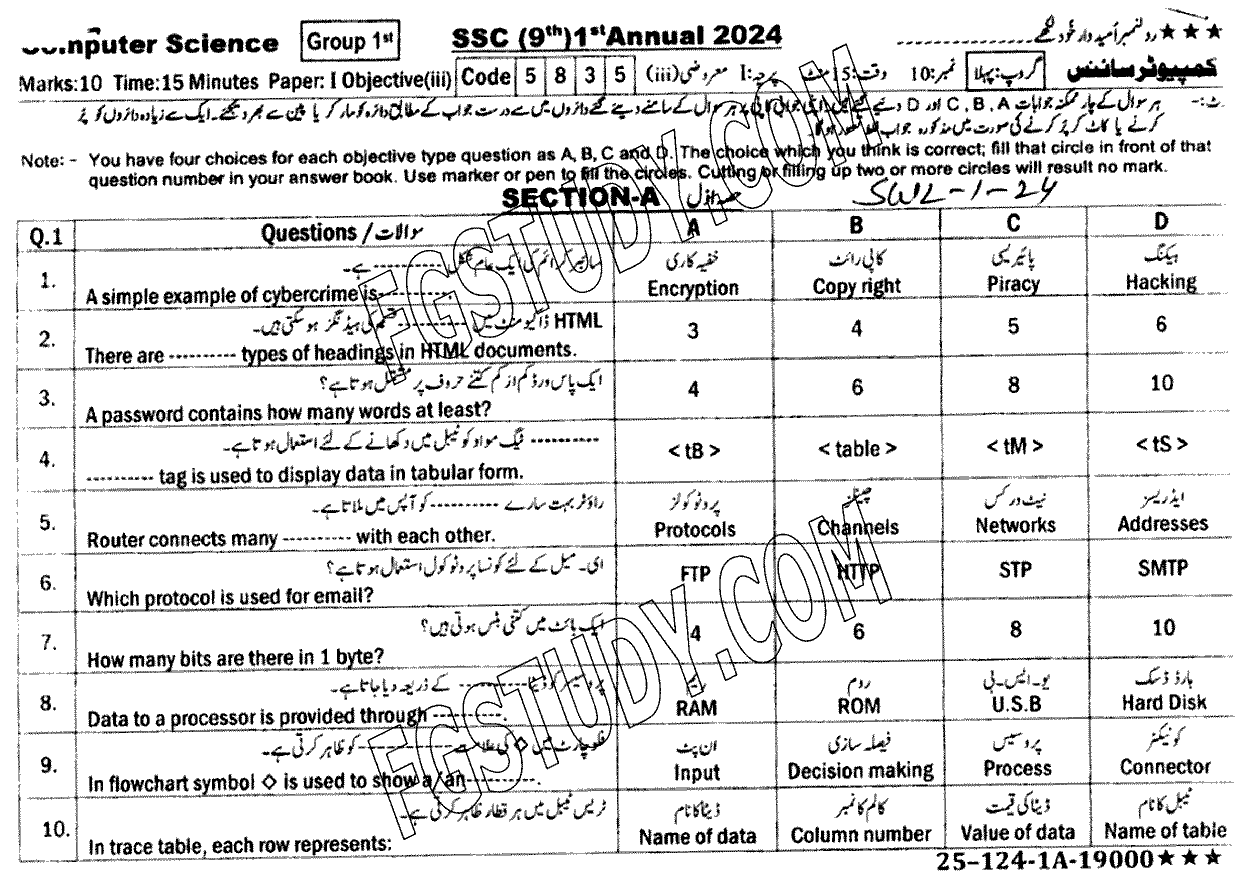 9th Class Computer Science Past Paper 2024 Sahiwal Board Group 1 Objective
