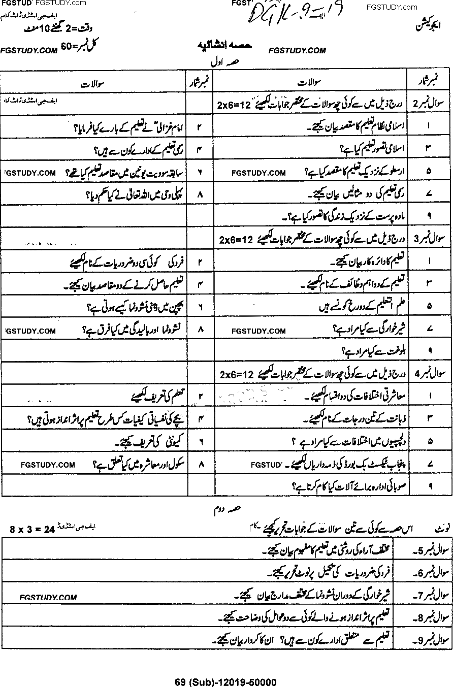 9th Class Education Past Paper 2019 Dg Khan Board Subjective