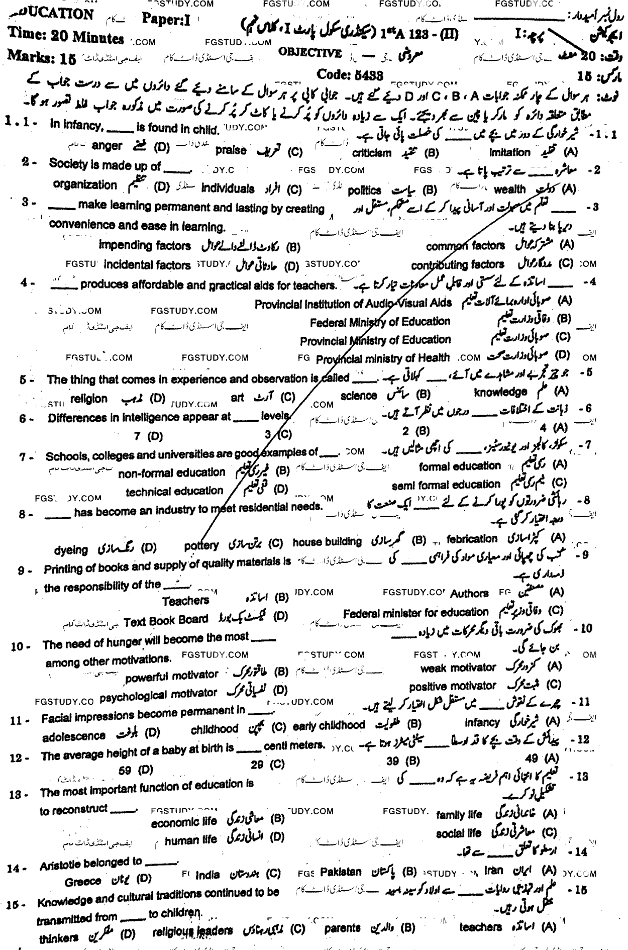9th Class Education Past Paper 2023 Gujranwala Board Objective
