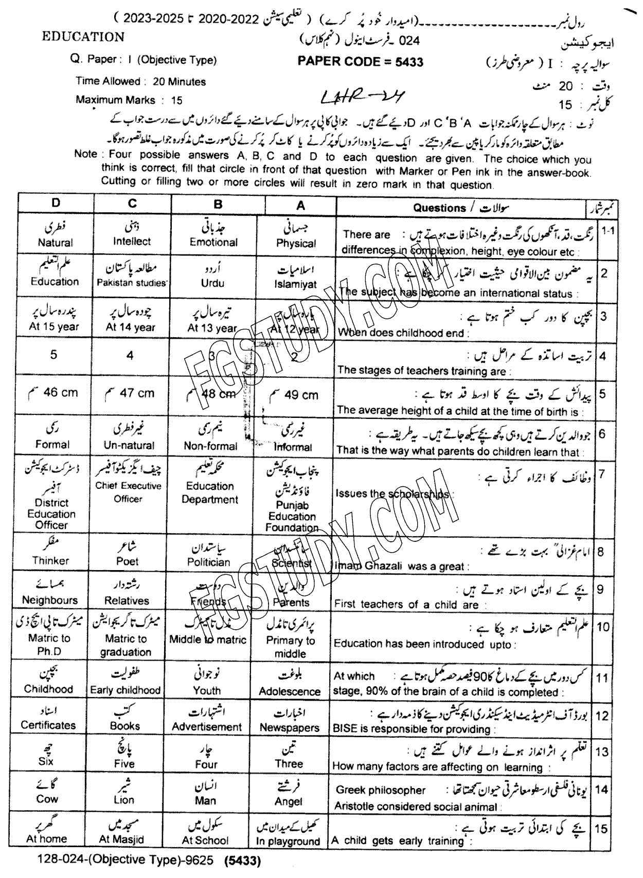 9th Class Education Past Paper 2024 Lahore Board Objective