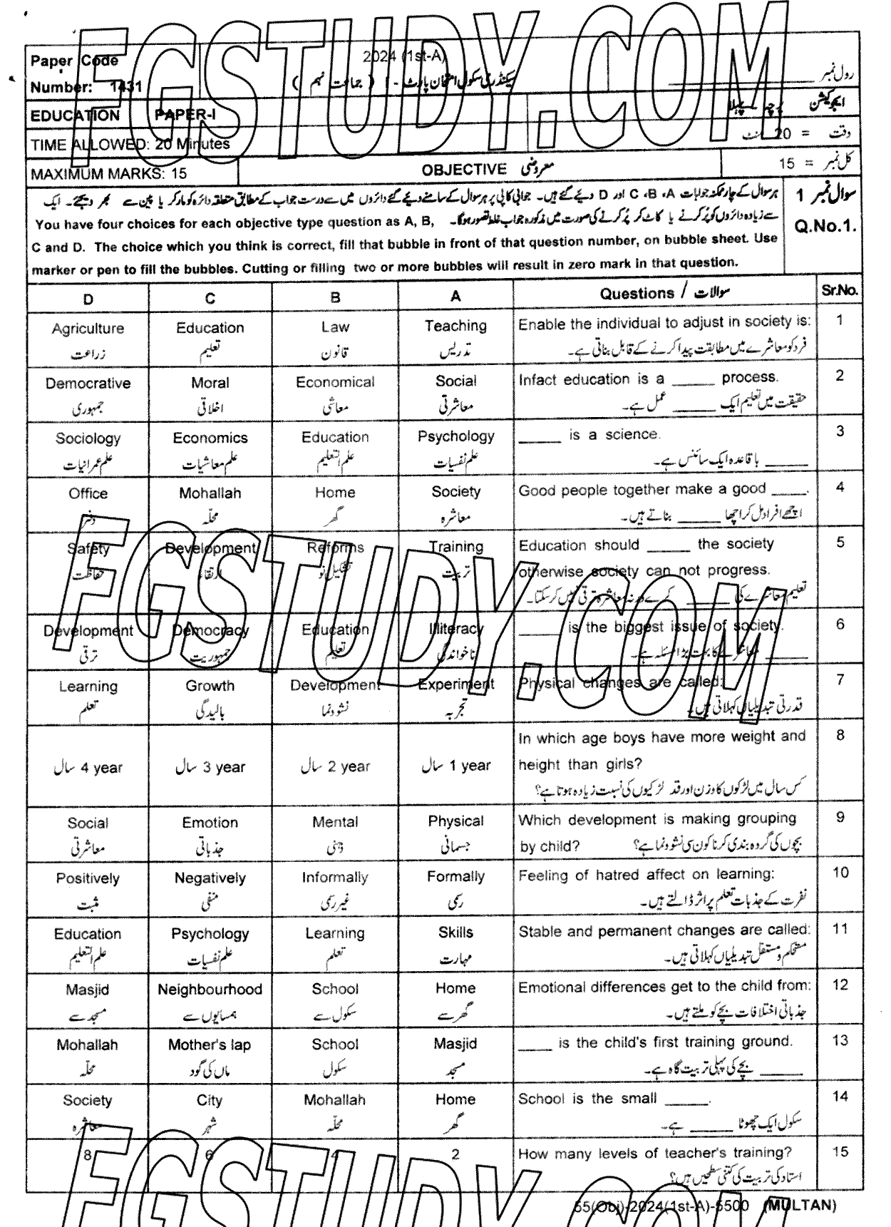 9th Class Education Past Paper 2024 Multan Board Objective