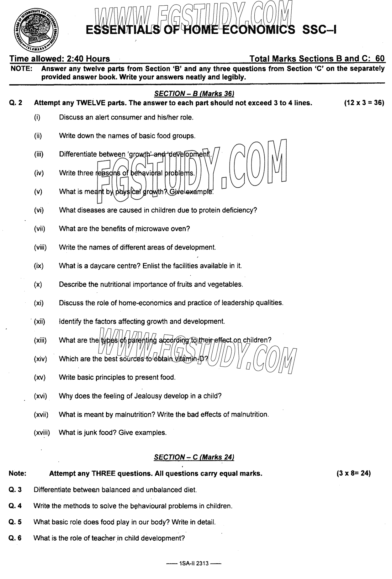 9th Class Elements Of Home Economics Past Paper 2023 Federal Board Islamabad Subjective