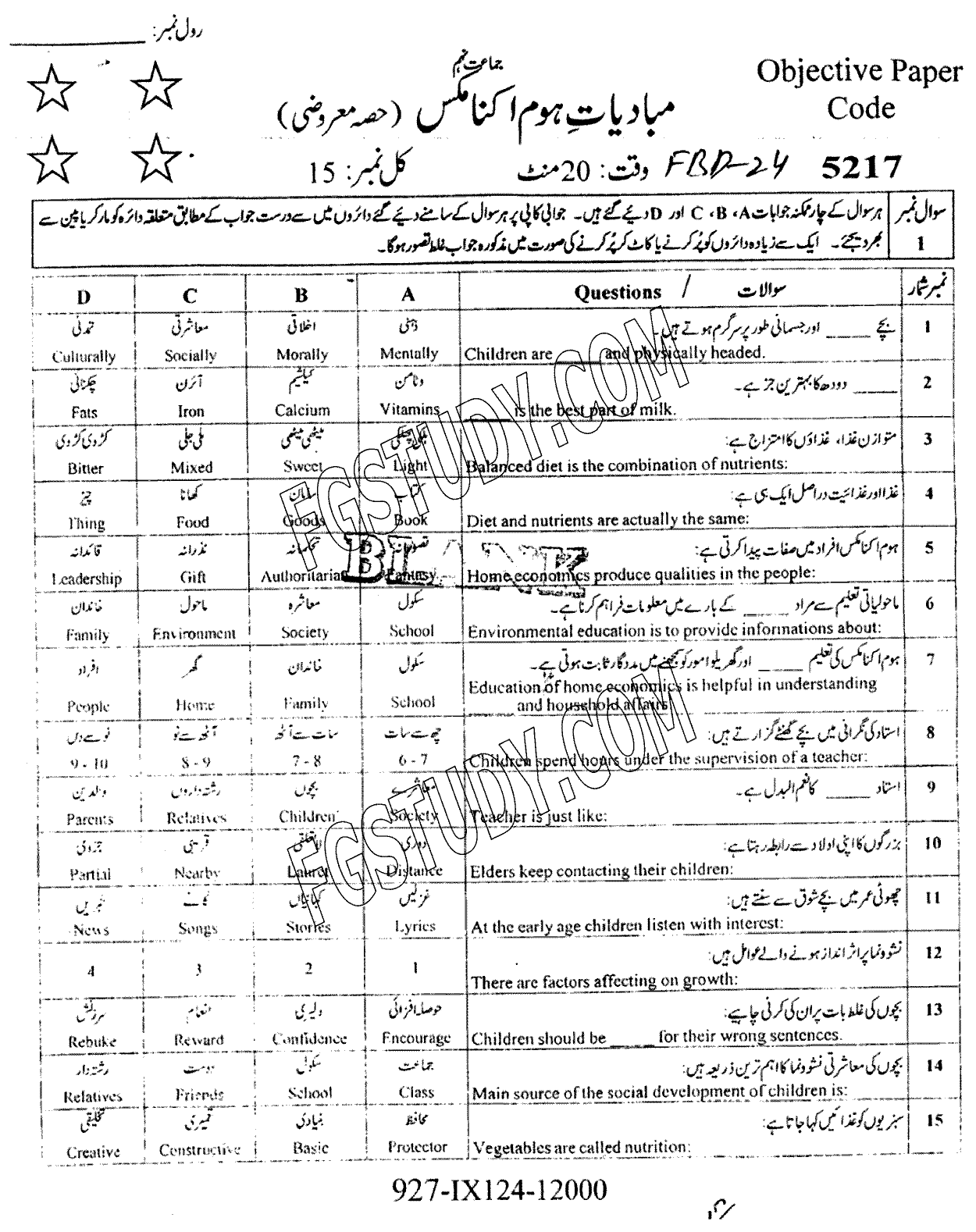 9th Class Elements Of Home Economics Past Paper 2024 Faisalabad Board Objective
