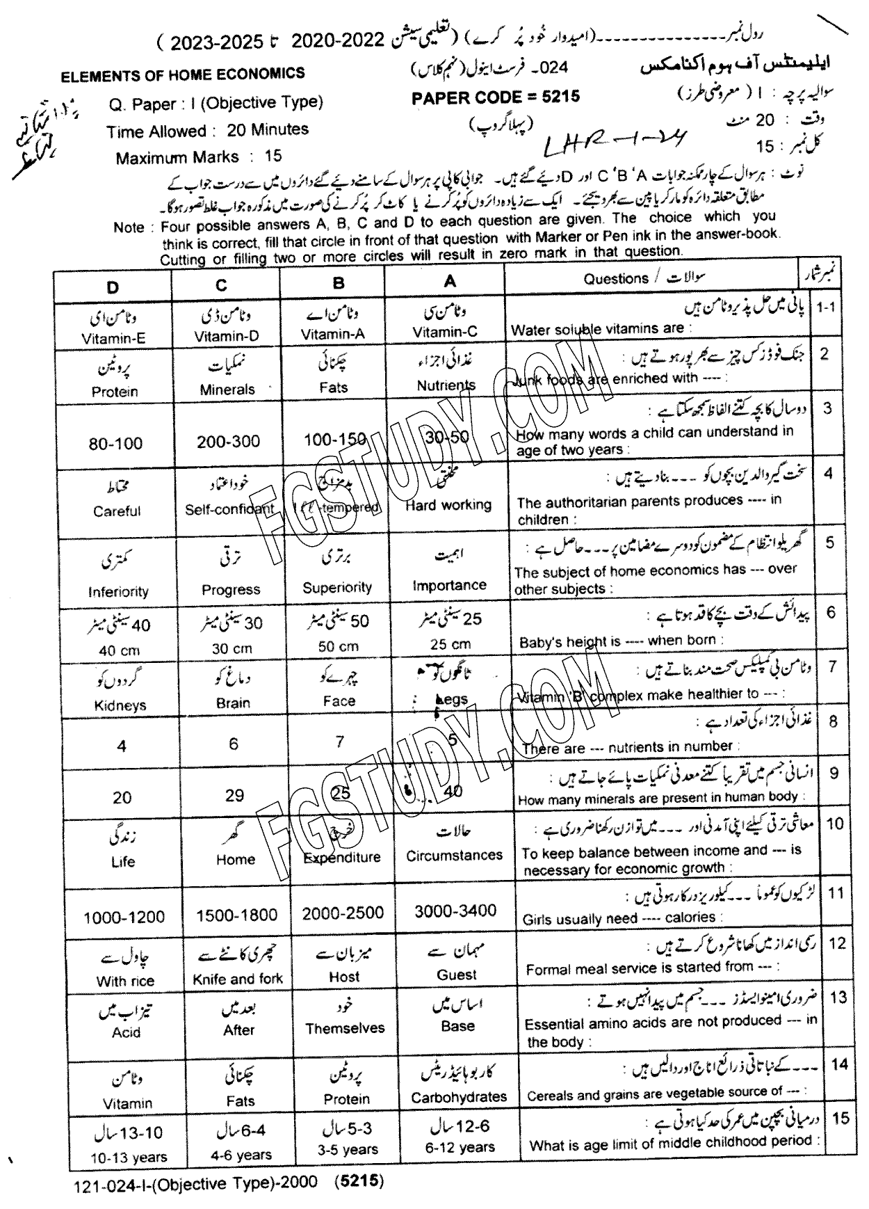9th Class Elements Of Home Economics Past Paper 2024 Lahore Board Group 1 Objective