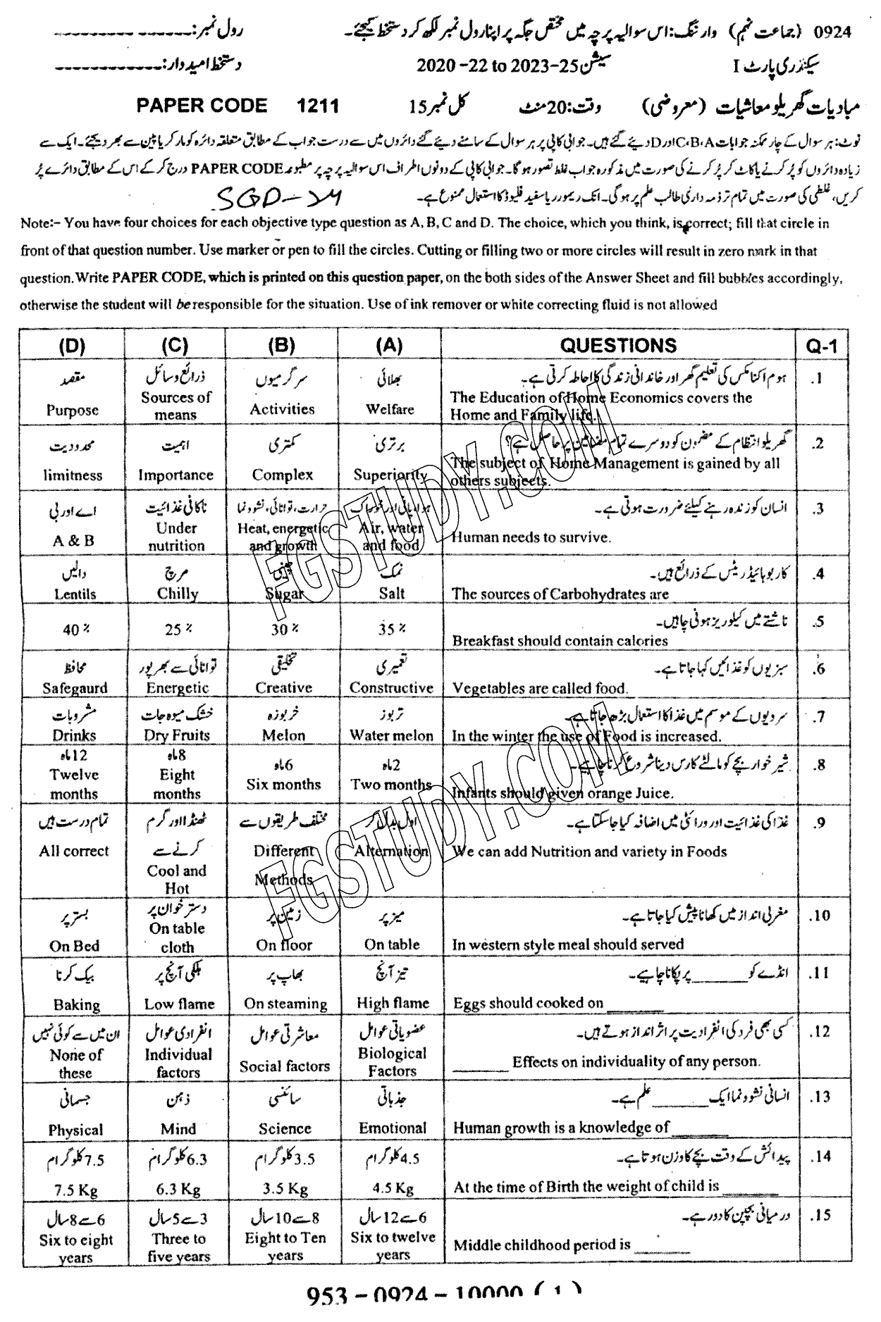 9th Class Elements Of Home Economics Past Paper 2024 Sargodha Board Objective