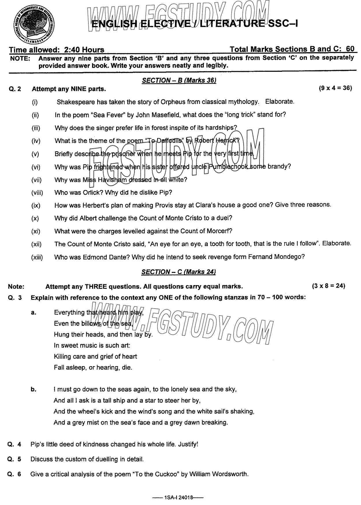 9th Class English Literature Past Paper 2024 Federal Board Islamabad Subjective