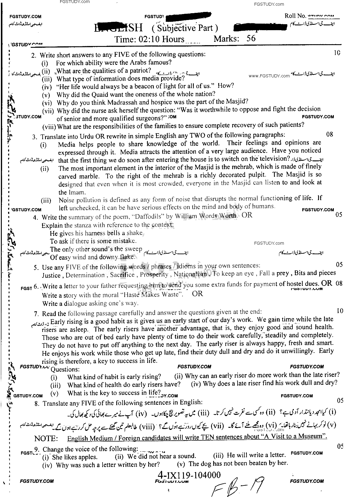 9th Class English Past Paper 2019 Faisalabad Board Group 2 Subjective