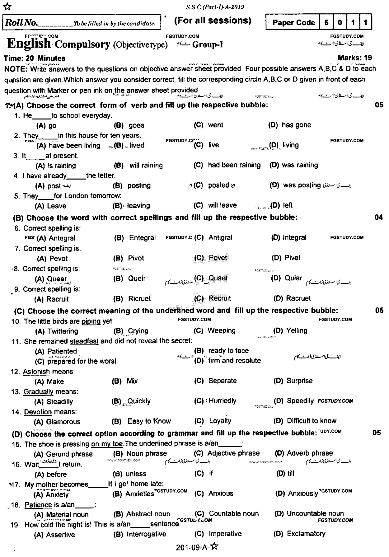 9th Class English Past Paper 2019 Rawalpindi Board Group 1 Objective