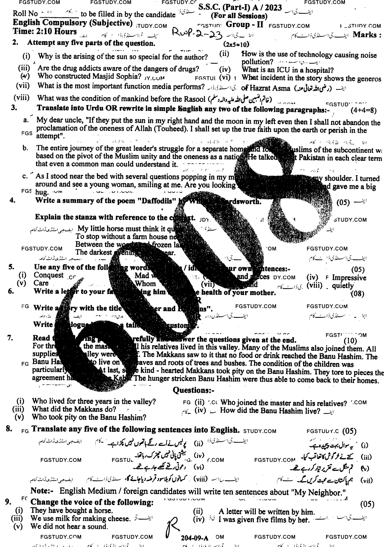 9th Class English Past Paper 2023 Rawalpindi Board Group 2 Subjective