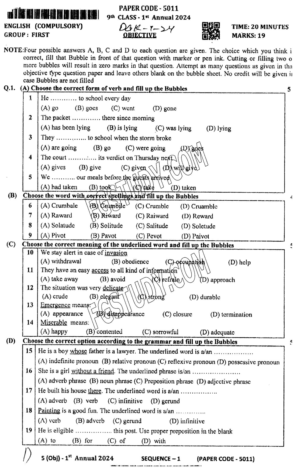 9th Class English Past Paper 2024 Dg Khan Board Group 1 Objective