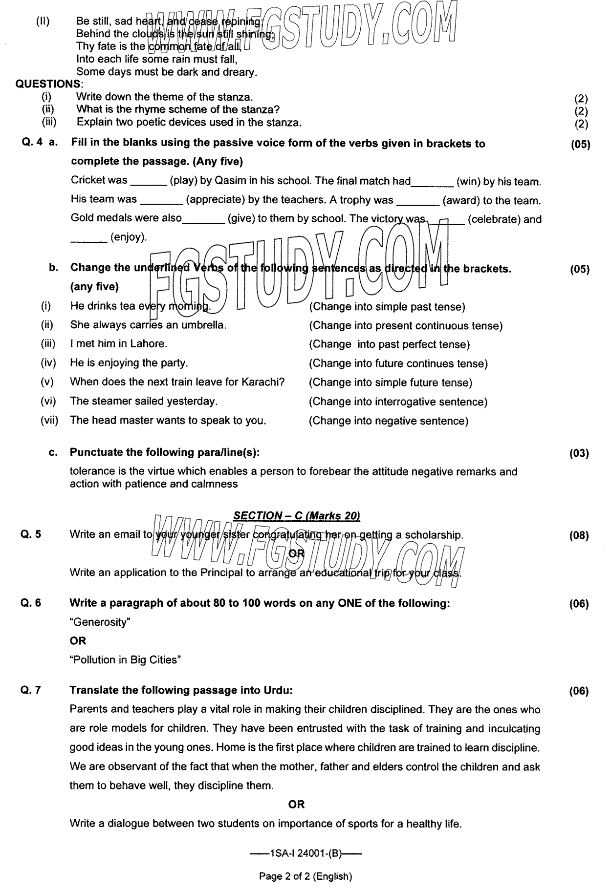 9th Class English Past Paper 2024 Federal Board Islamabad Group 1 Subjective