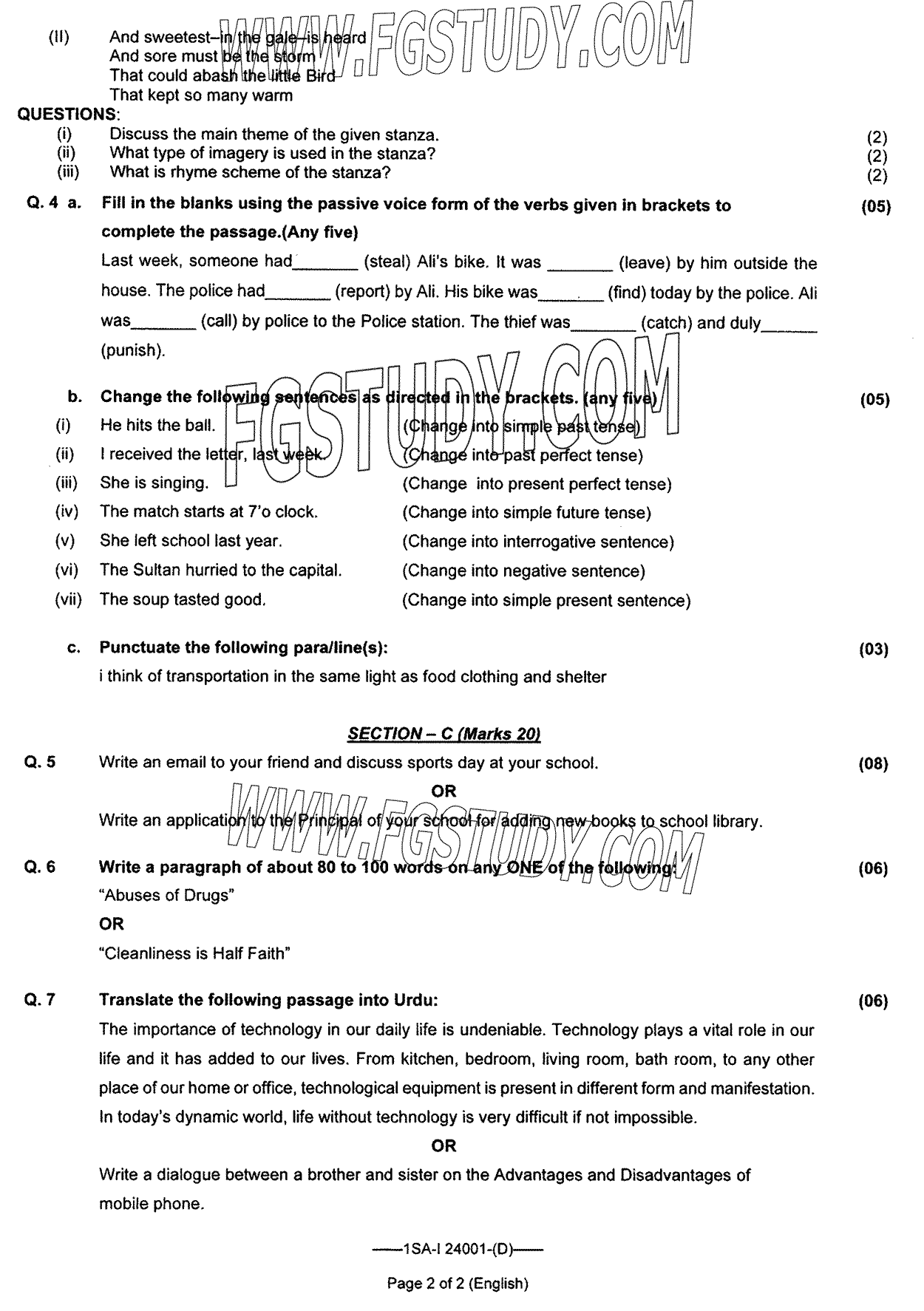 9th Class English Past Paper 2024 Federal Board Islamabad Group 2 Subjective