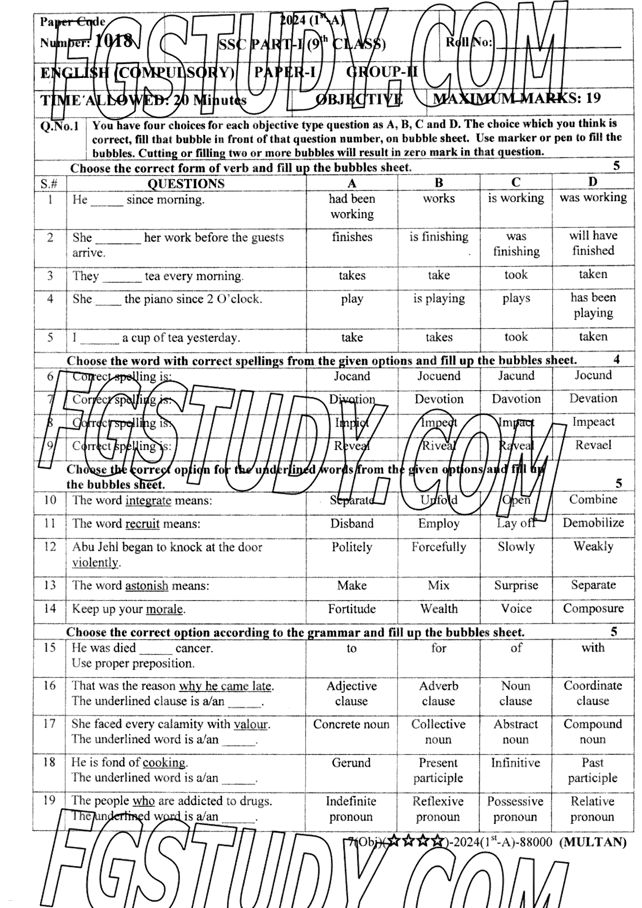 9th Class English Past Paper 2024 Multan Board Group 2 Objective