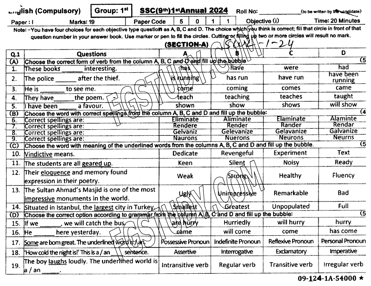 9th Class English Past Paper 2024 Sahiwal Board Group 1