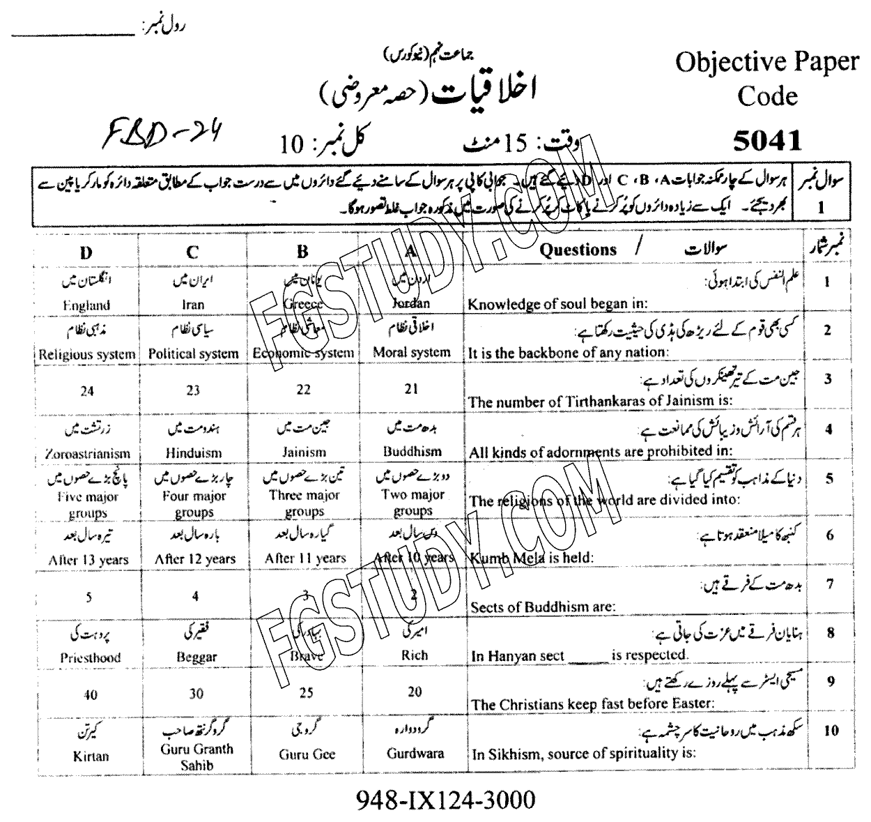9th Class Ethics Ikhlaqiat Past Paper 2024 Faisalabad Board Objective