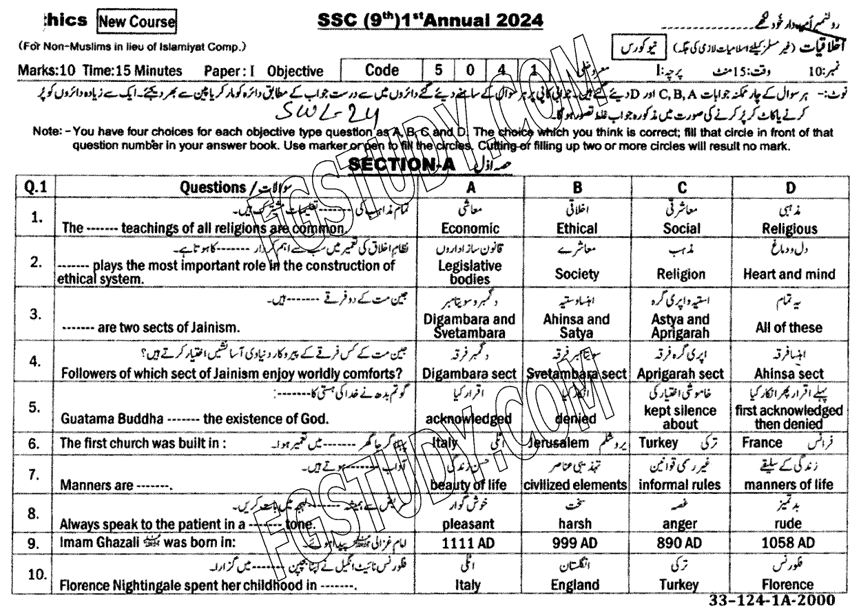 9th Class Ethics Ikhlaqiat Past Paper 2024 Sahiwal Board Objective