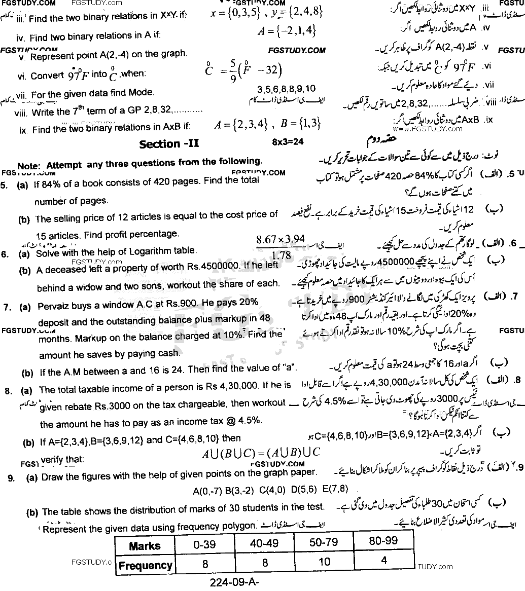 9th Class General Mathematics Past Paper 2021 Rawalpindi Board Group 2 Subjective