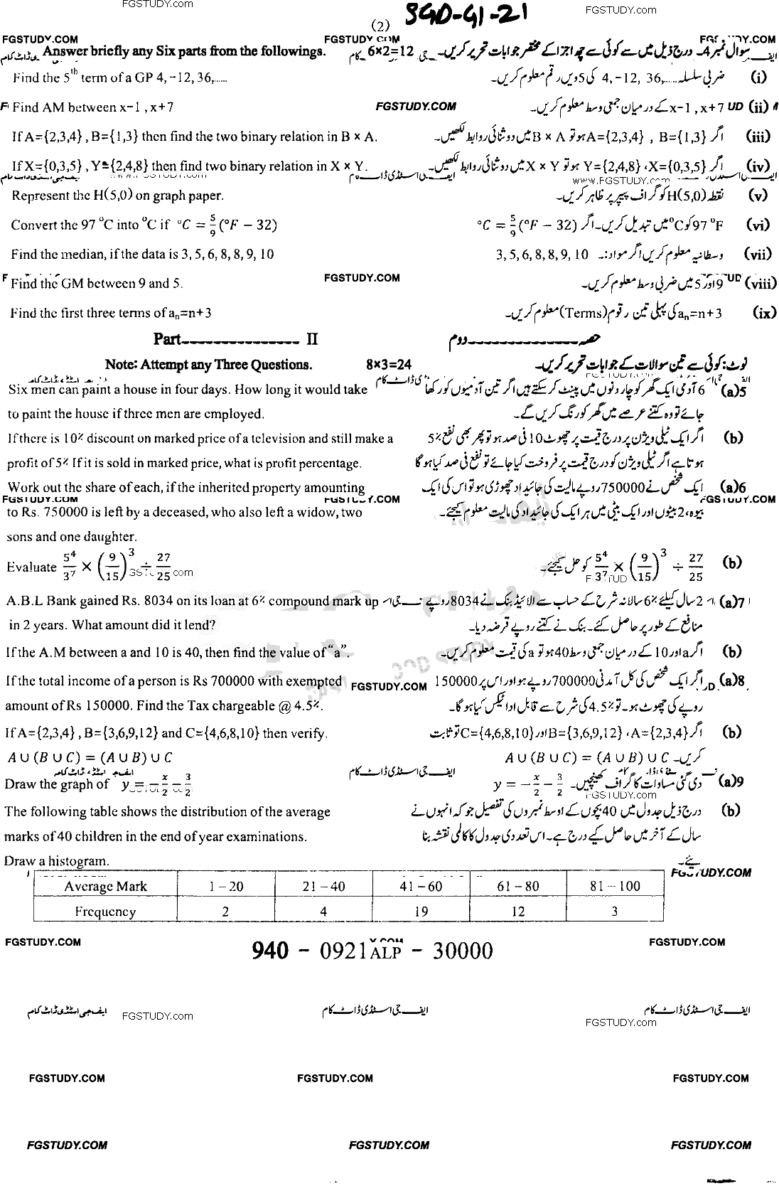 9th Class General Mathematics Past Paper 2021 Sargodha Board Group 1 Subjective