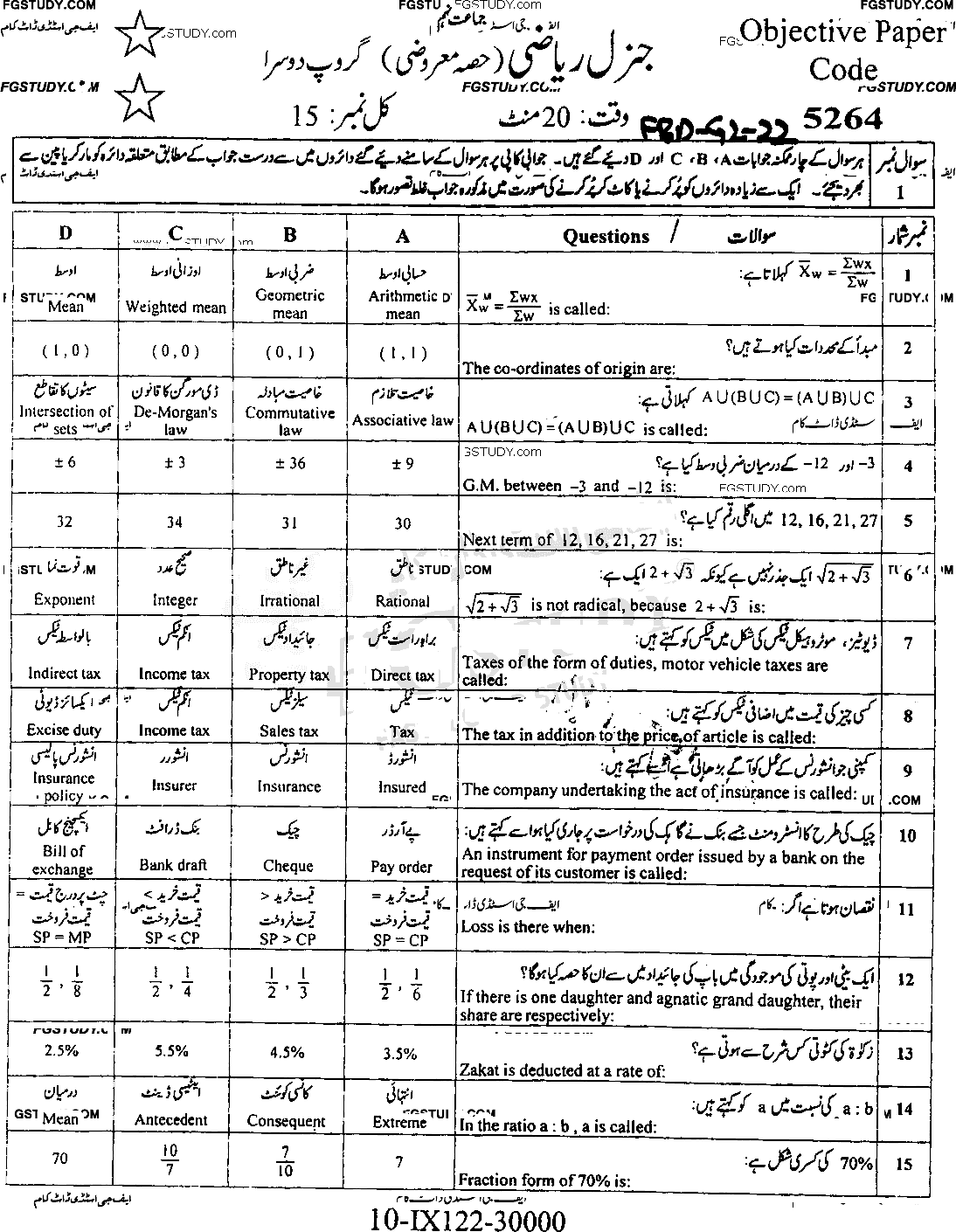 9th Class General Mathematics Past Paper 2022 Faisalabad Board Group 2 Objective