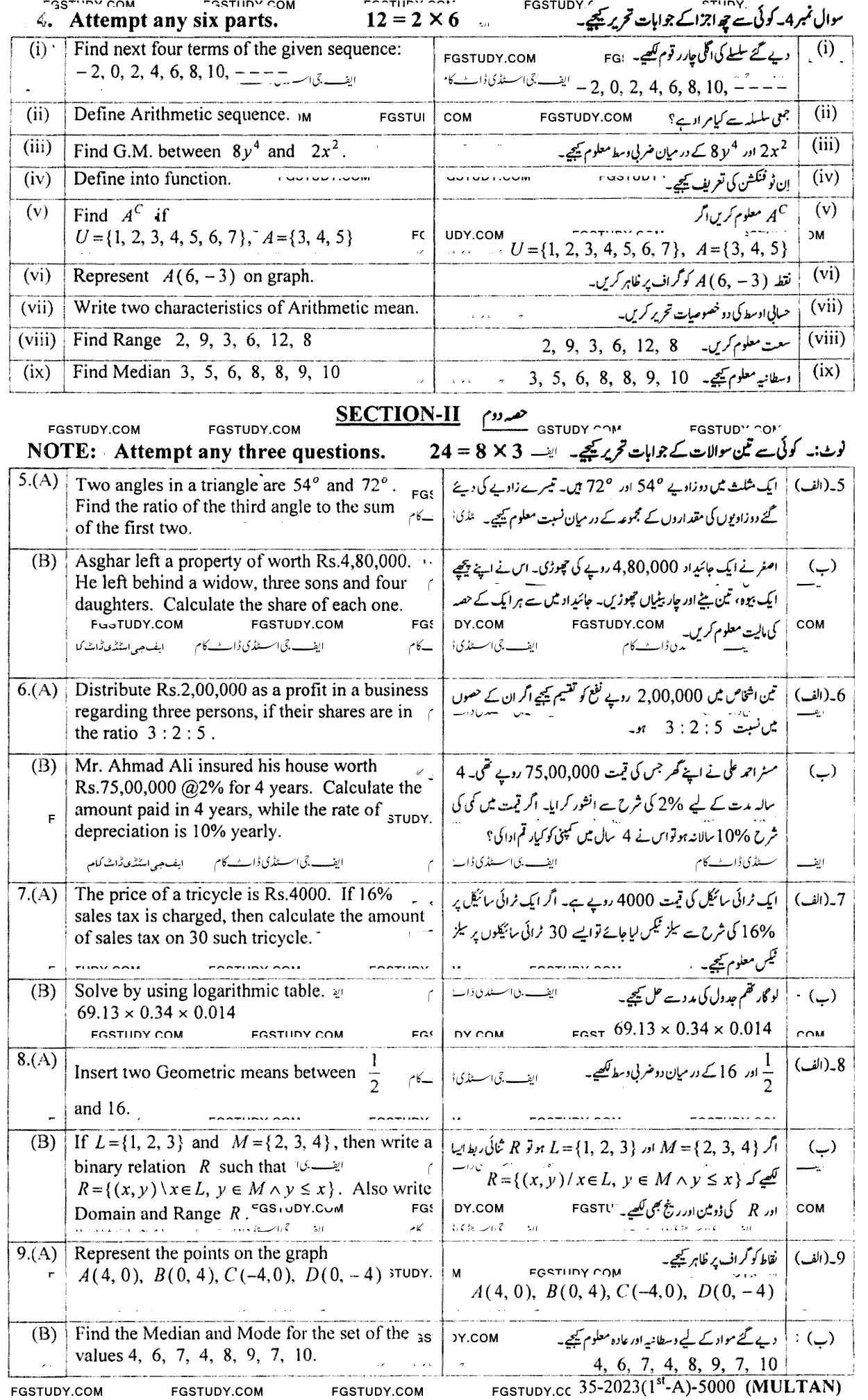 9th Class General Mathematics Past Paper 2023 Multan Board Group 2 Subjective