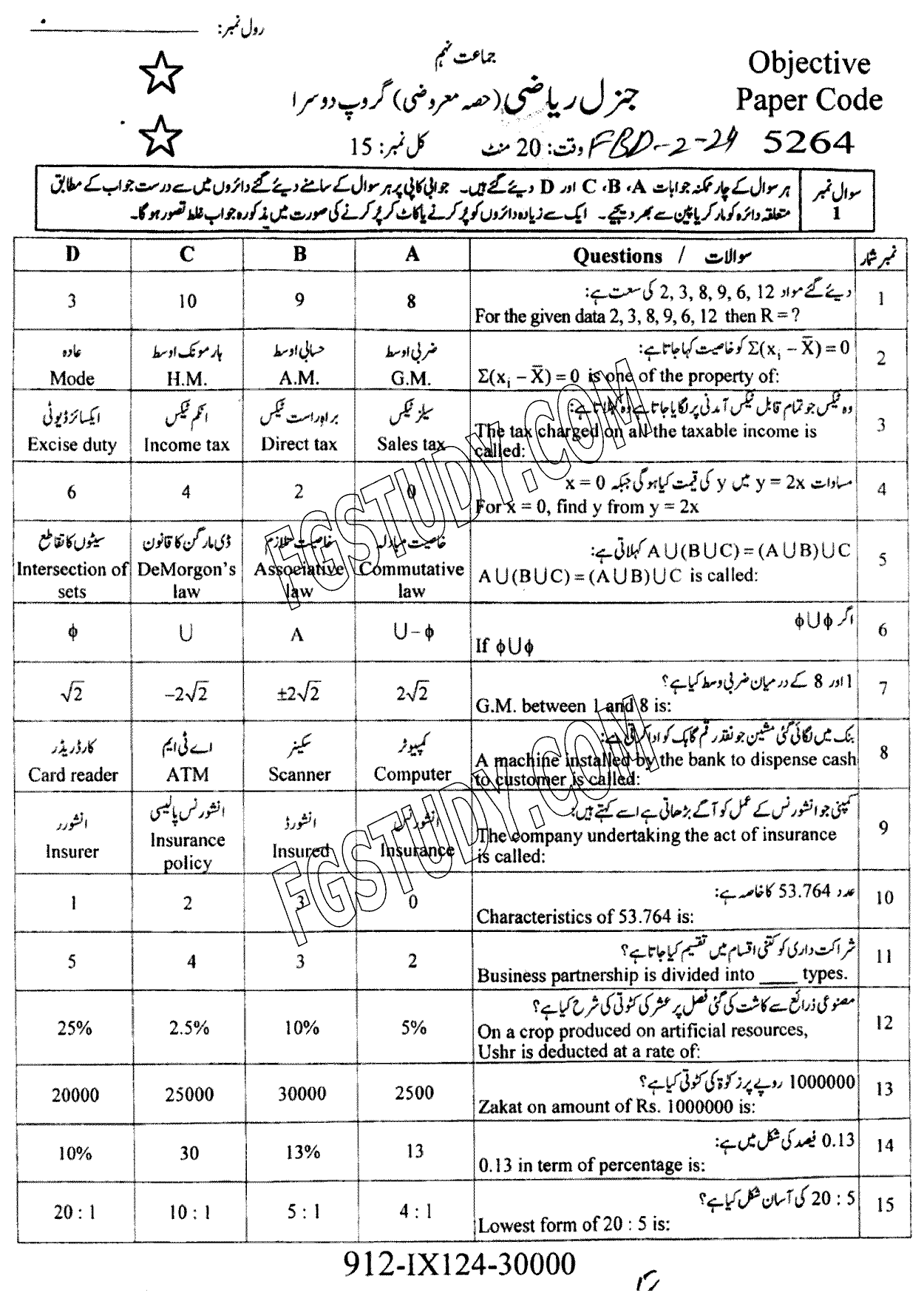 9th Class General Mathematics Past Paper 2024 Faisalabad Board Group 2 Objective