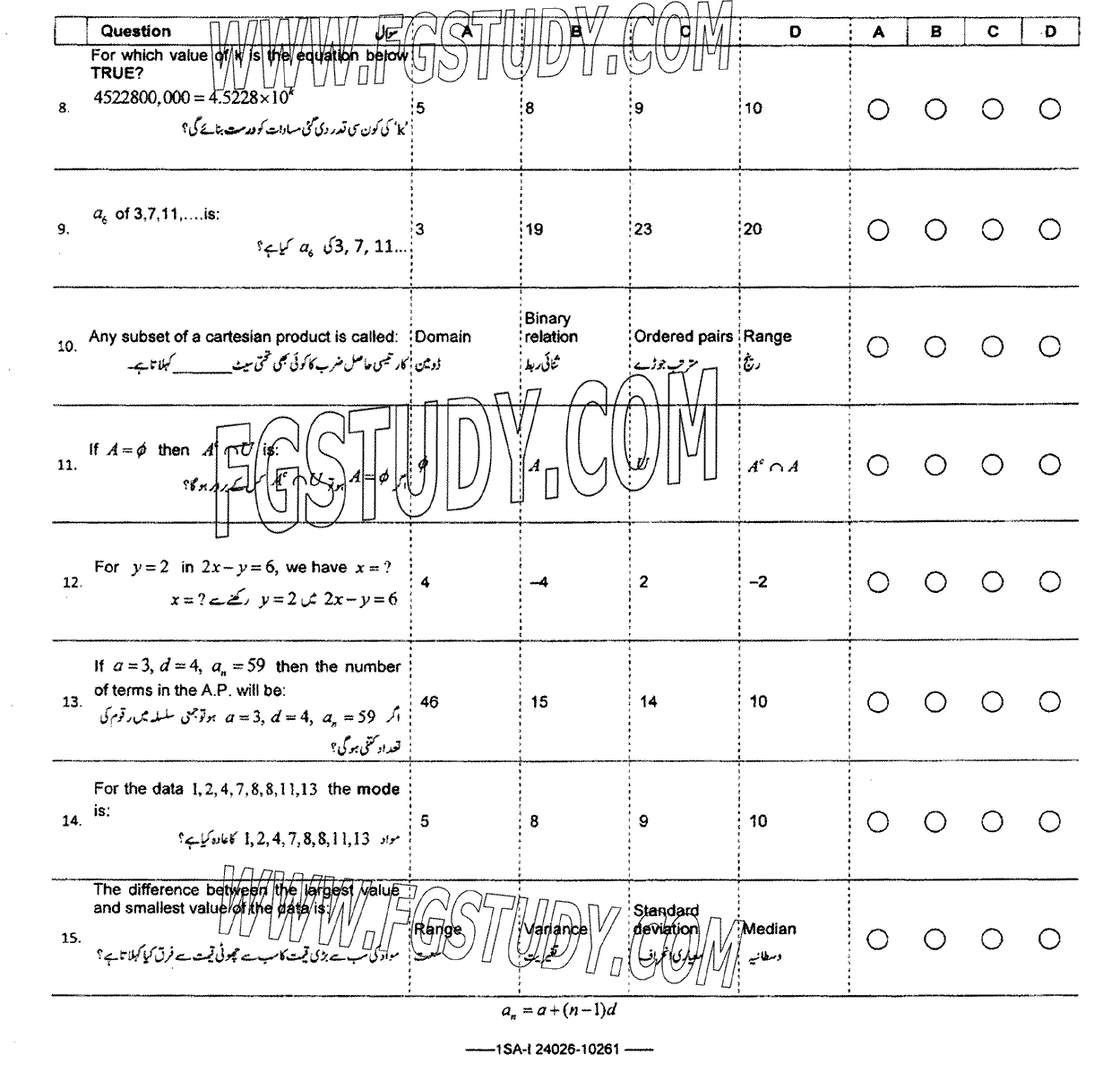 9th Class General Mathematics Past Paper 2024 Federal Board Islamabad Objective