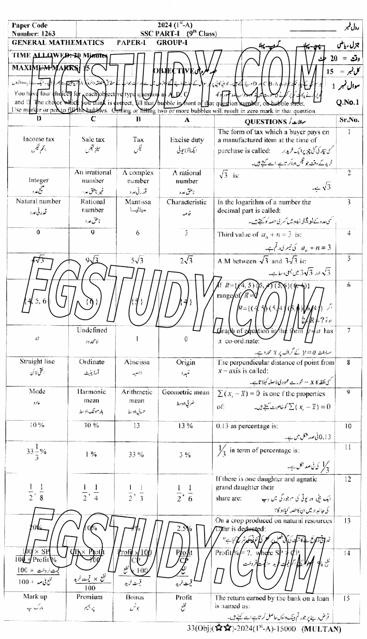 9th Class General Mathematics Past Paper 2024 Multan Board Group 1 Objective