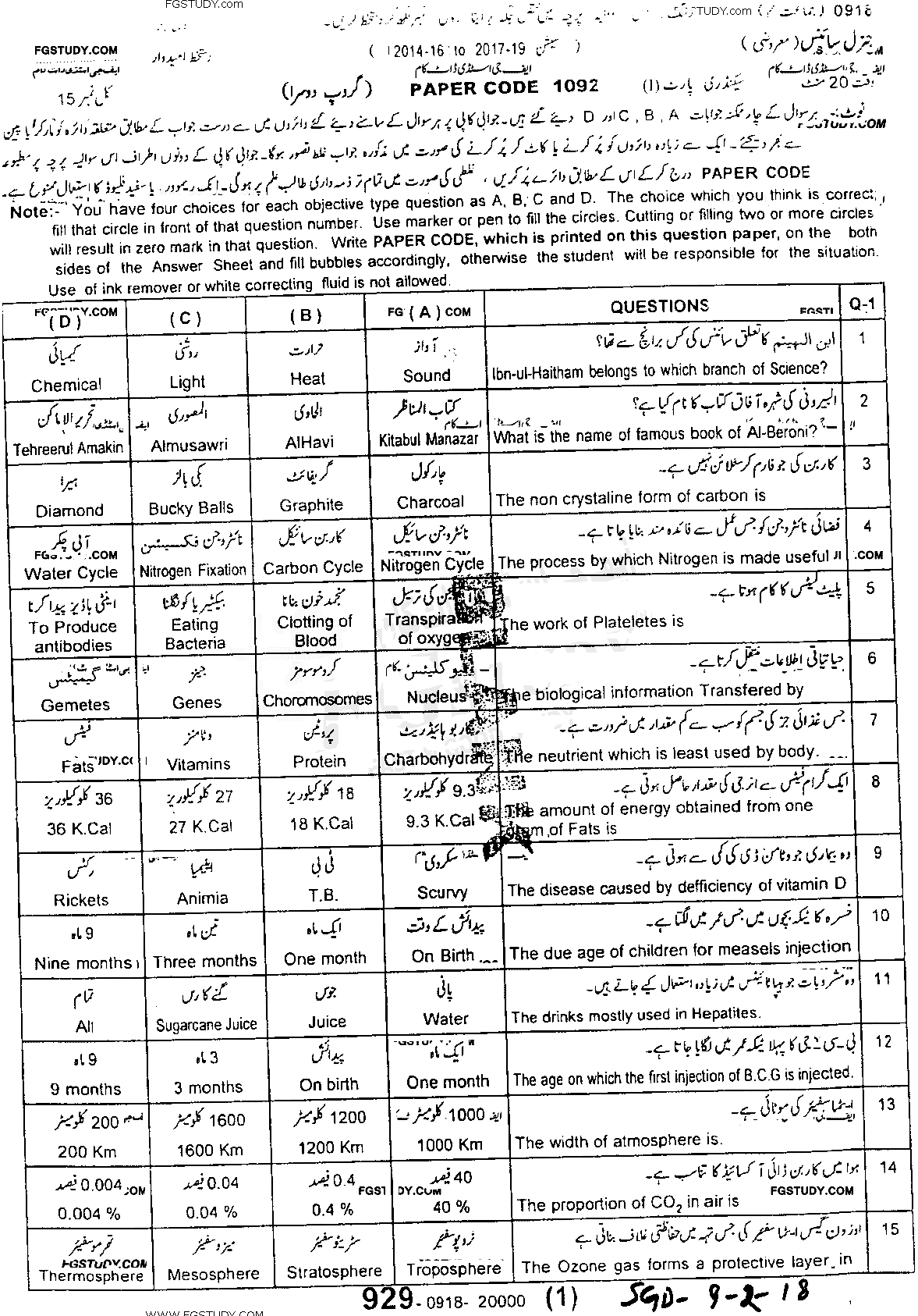 9th Class General Science Past Paper 2018 Sargodha Board Group 2 Objective