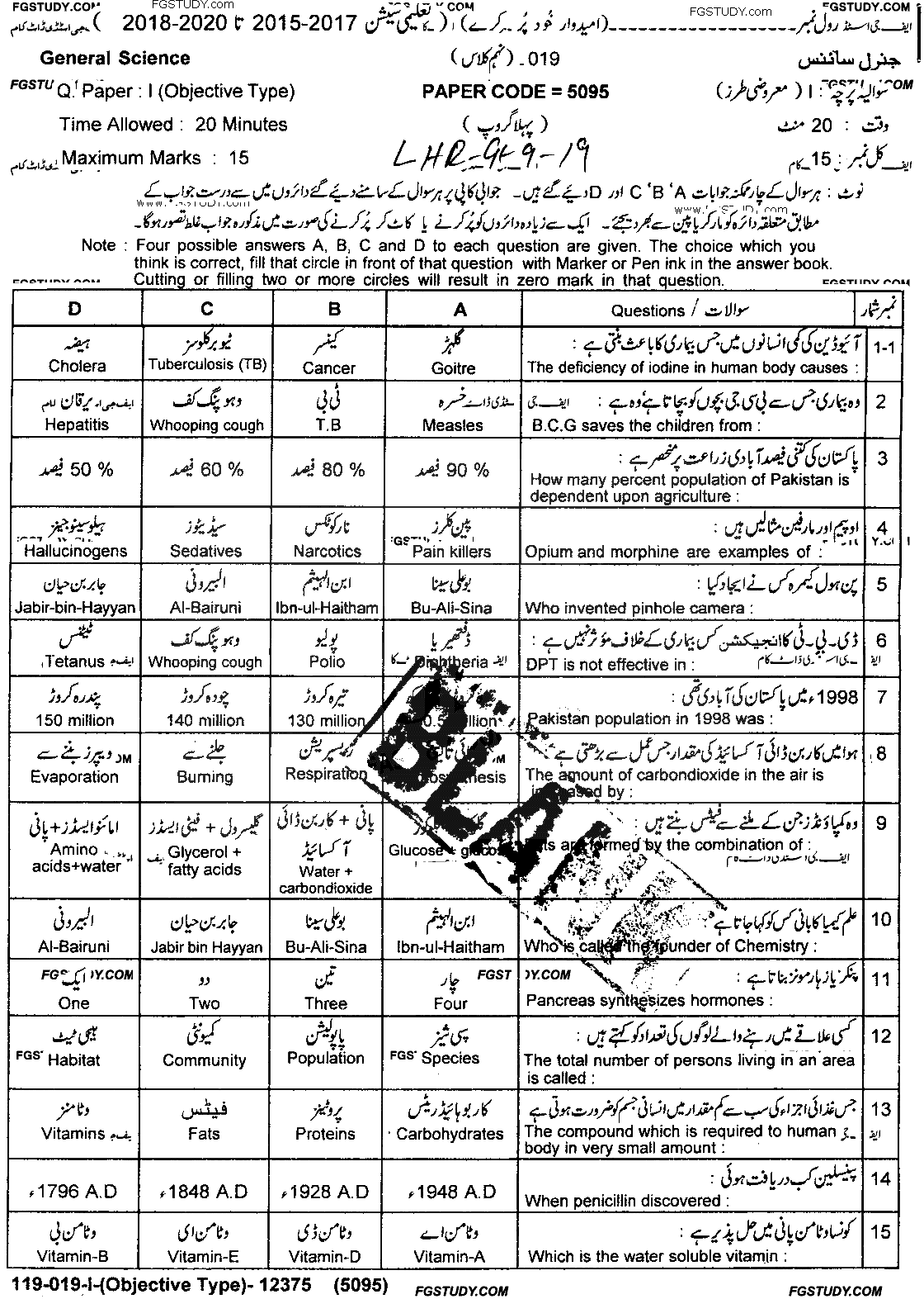9th Class General Science Past Paper 2019 Lahore Board Group 1 Objective