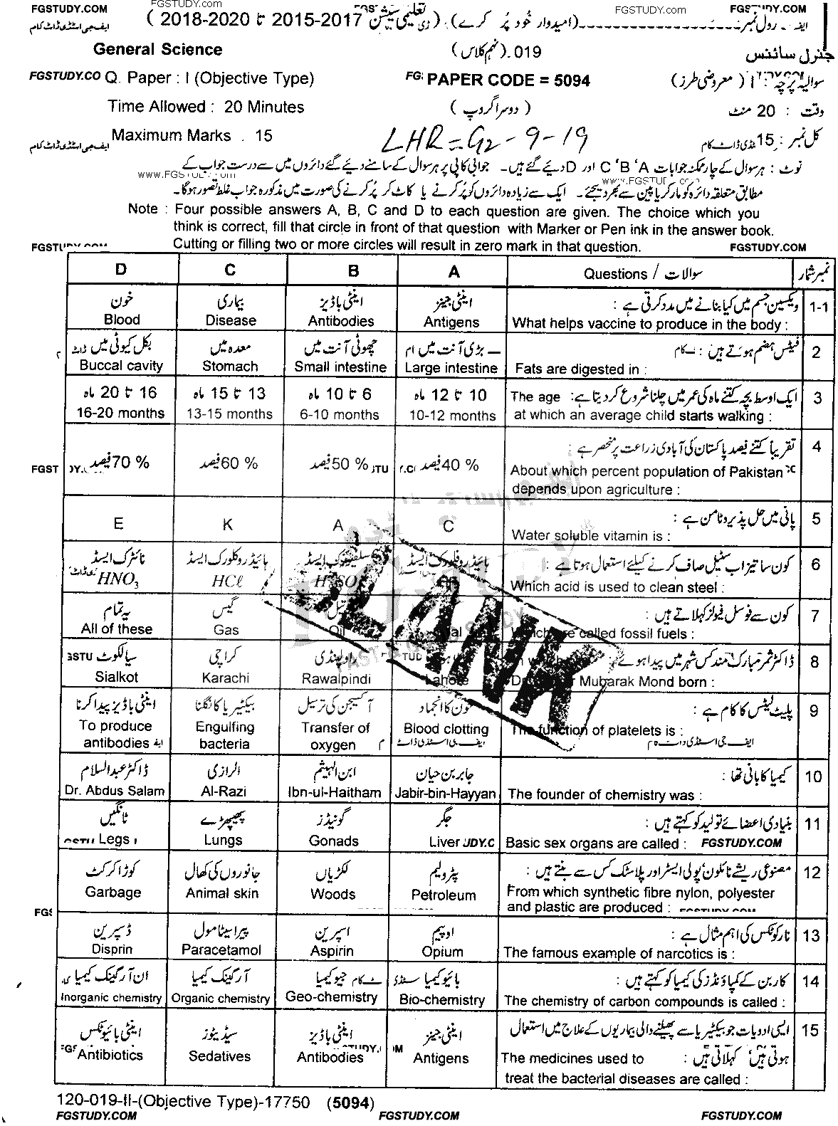 9th Class General Science Past Paper 2019 Lahore Board Group 2 Objective