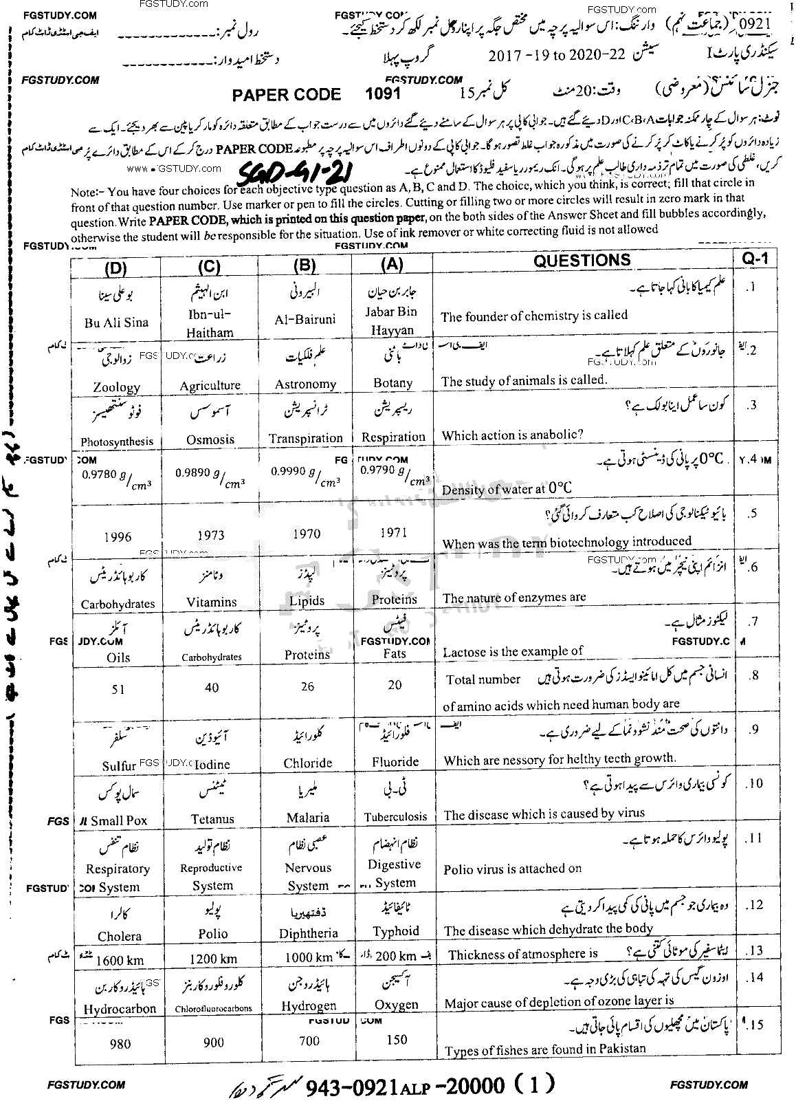 9th Class General Science Past Paper 2021 Sargodha Board Group 1 Objective