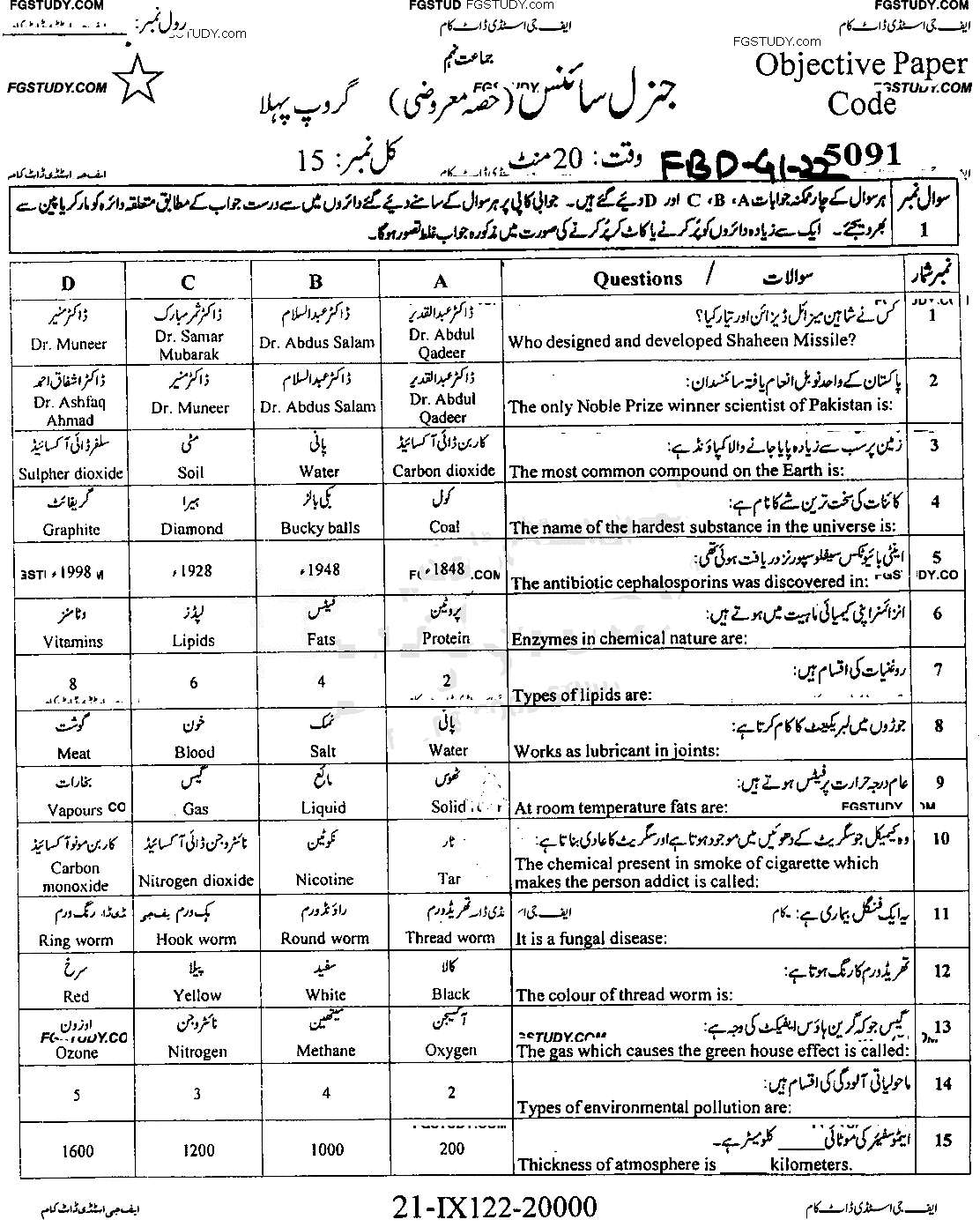 9th Class General Science Past Paper 2022 Faisalabad Board Group 1 Objective