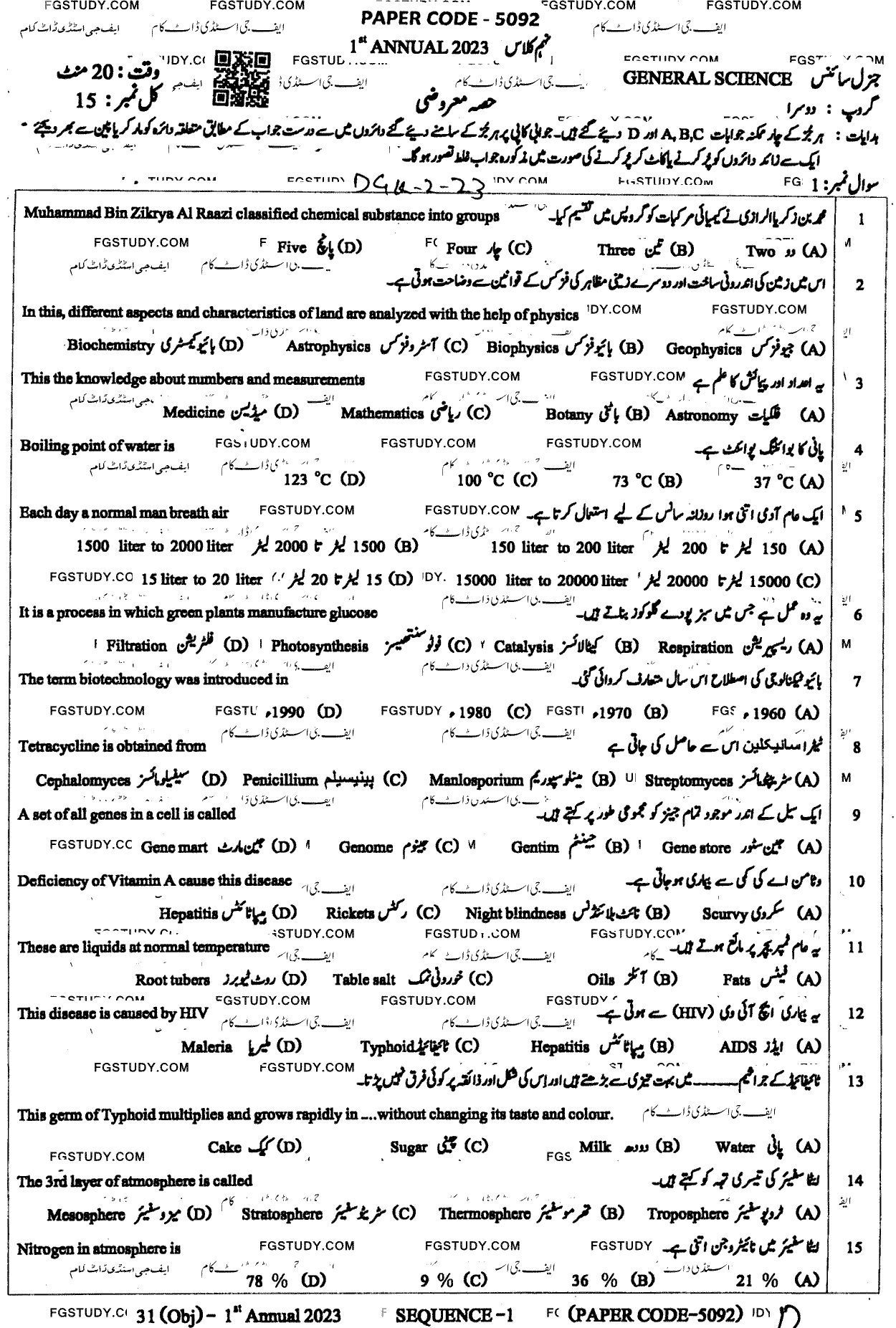 9th Class General Science Past Paper 2023 Dg Khan Board Group 2 Objective