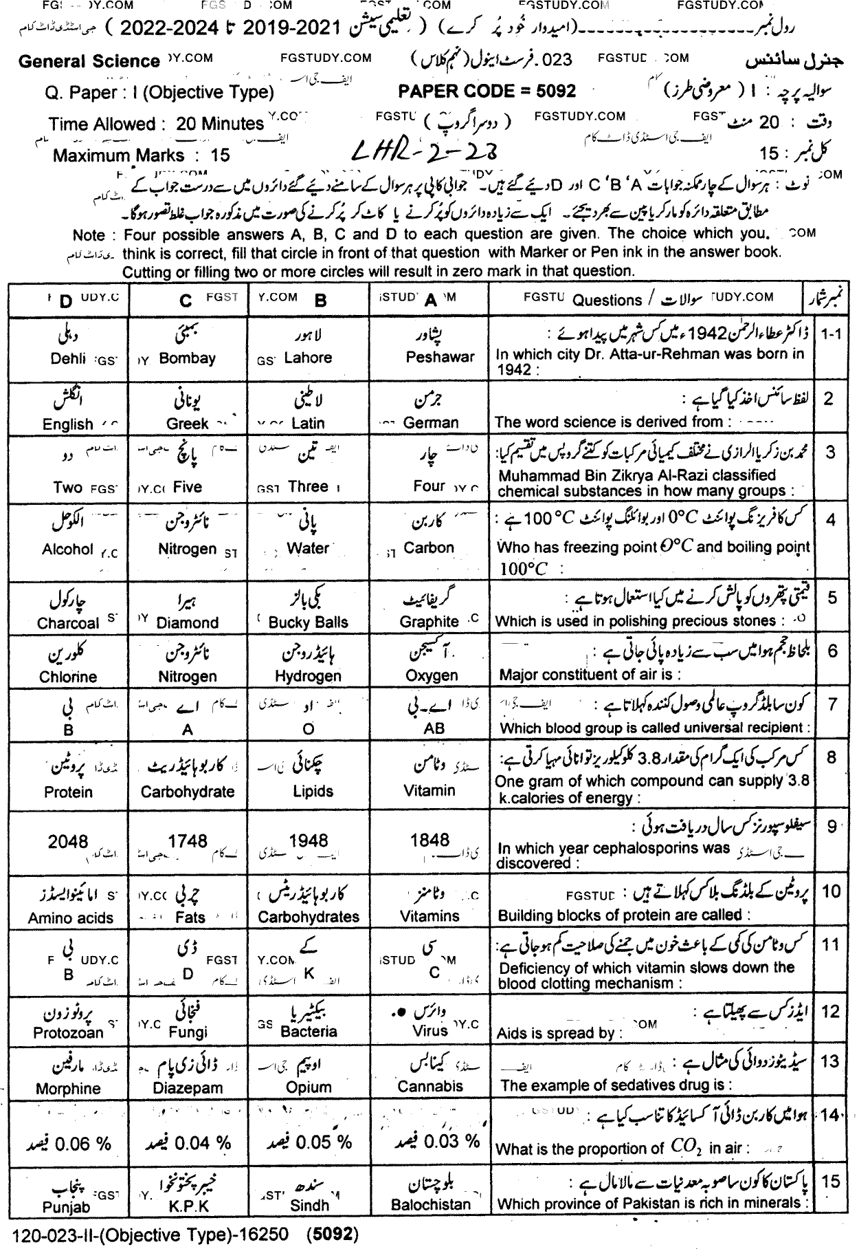 9th Class General Science Past Paper 2023 Lahore Board Group 2 Objective