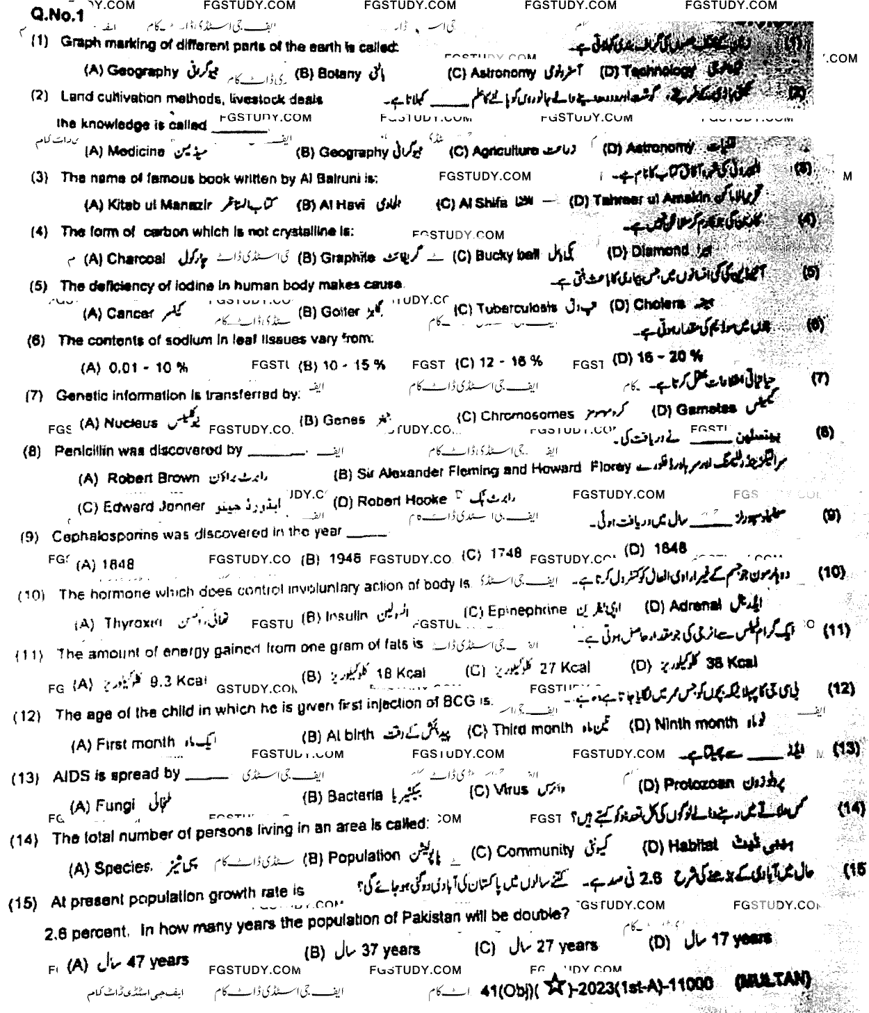 9th Class General Science Past Paper 2023 Multan Board Group 1 Objective