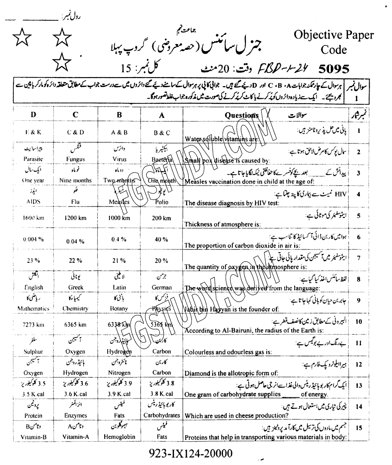 9th Class General Science Past Paper 2024 Faisalabad Board Group 1 Objective