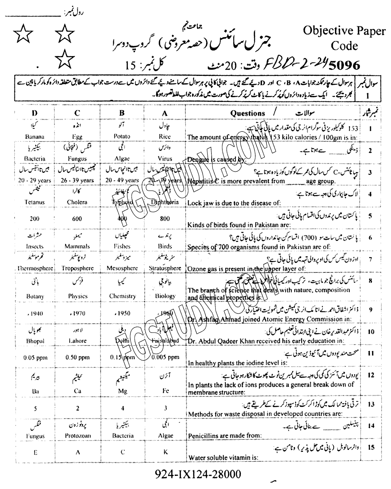 9th Class General Science Past Paper 2024 Faisalabad Board Group 2 Objective