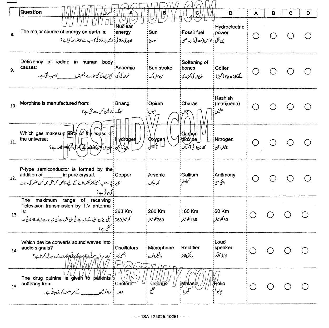 9th Class General Science Past Paper 2024 Federal Board Islamabad Objective
