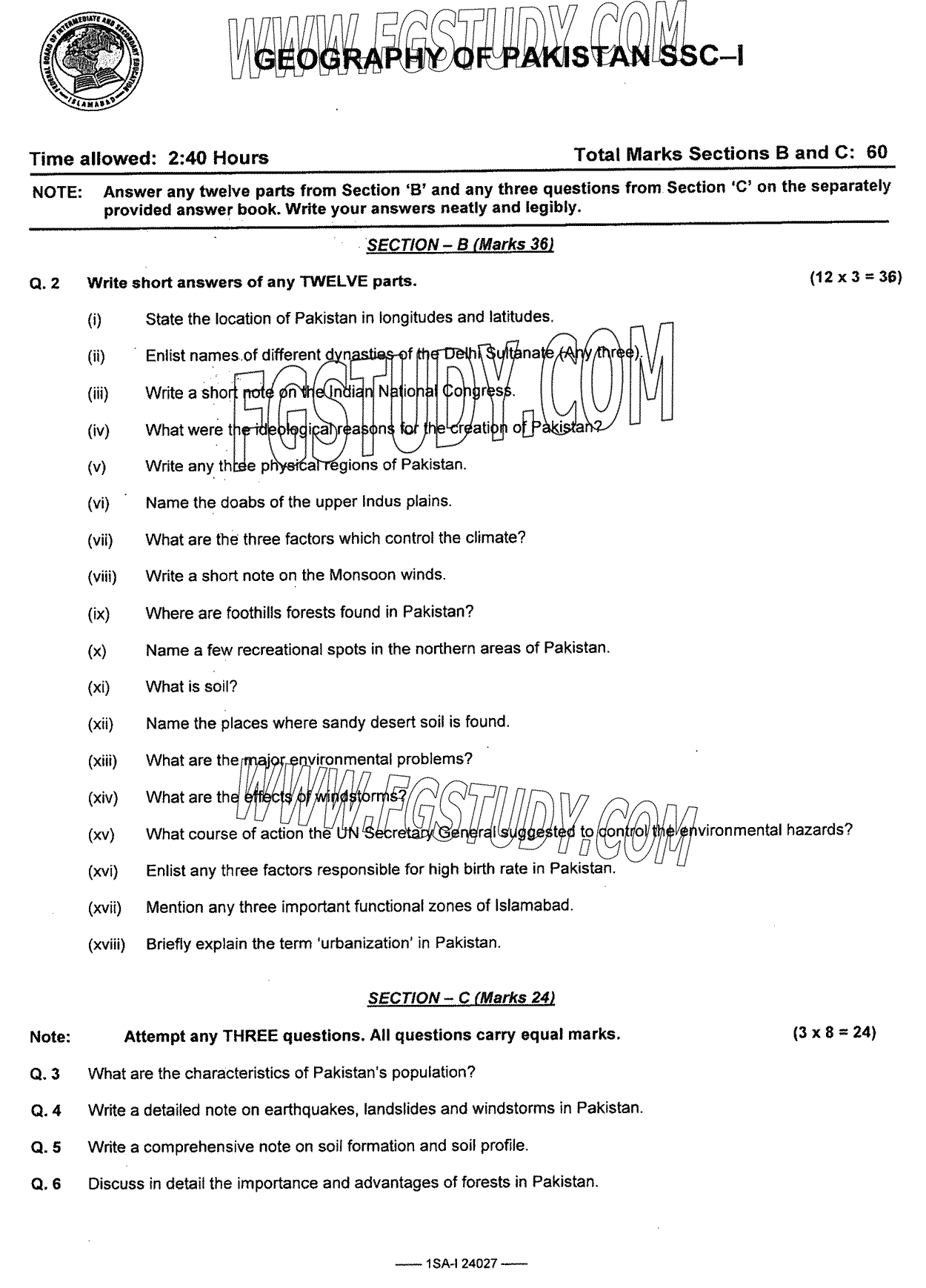 9th Class Geography Of Pakistan Past Paper 2024 Federal Board Islamabad Subjective