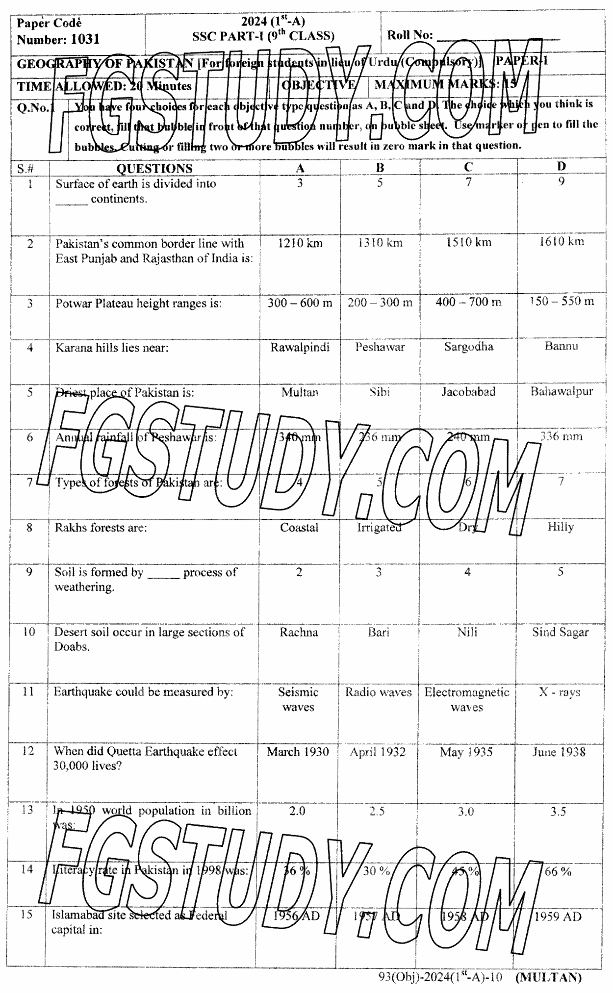 9th Class Geography Of Pakistan Past Paper 2024 Multan Board Objective