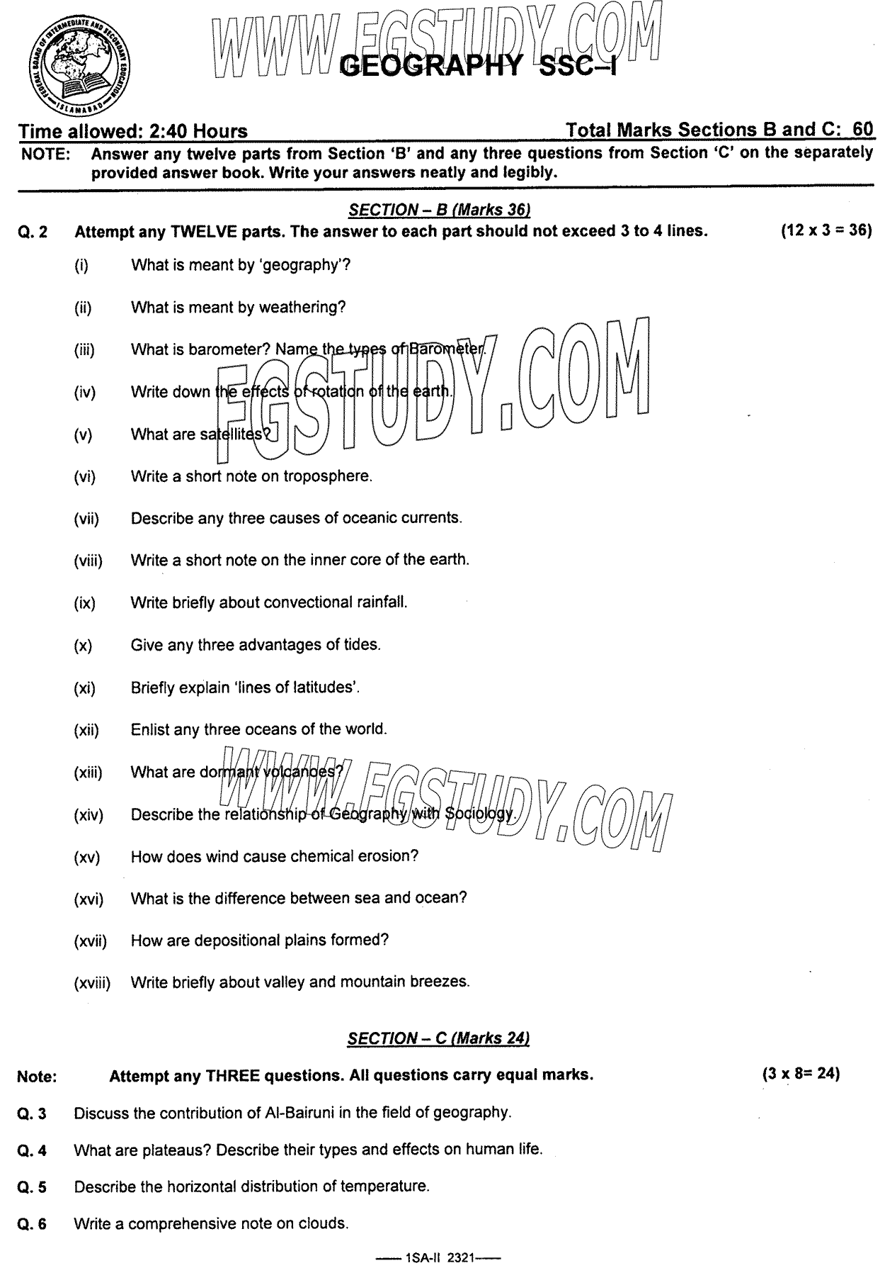 9th Class Geography Past Paper 2023 Federal Board Islamabad Subjective