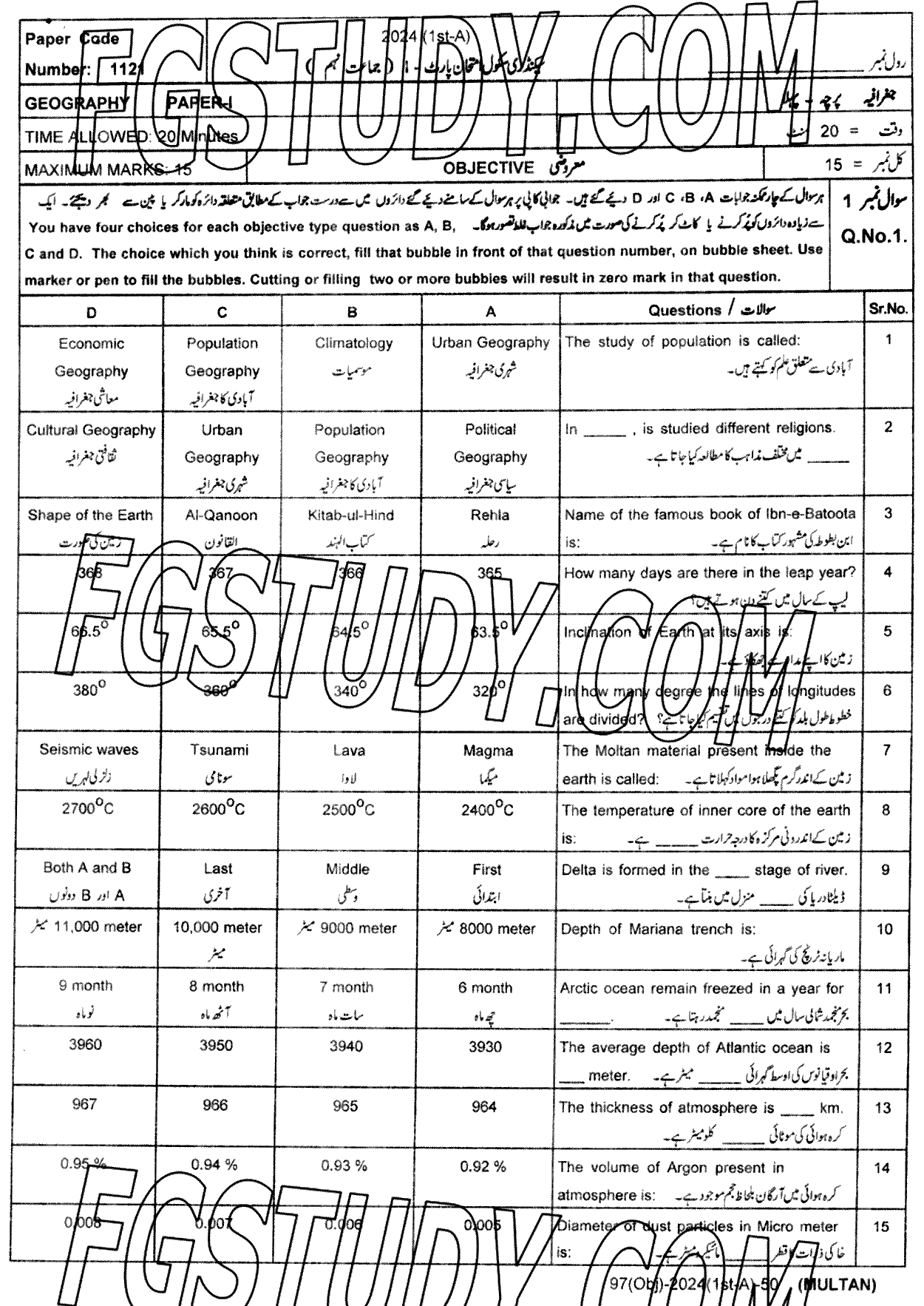 9th Class Geography Past Paper 2024 Multan Board Objective